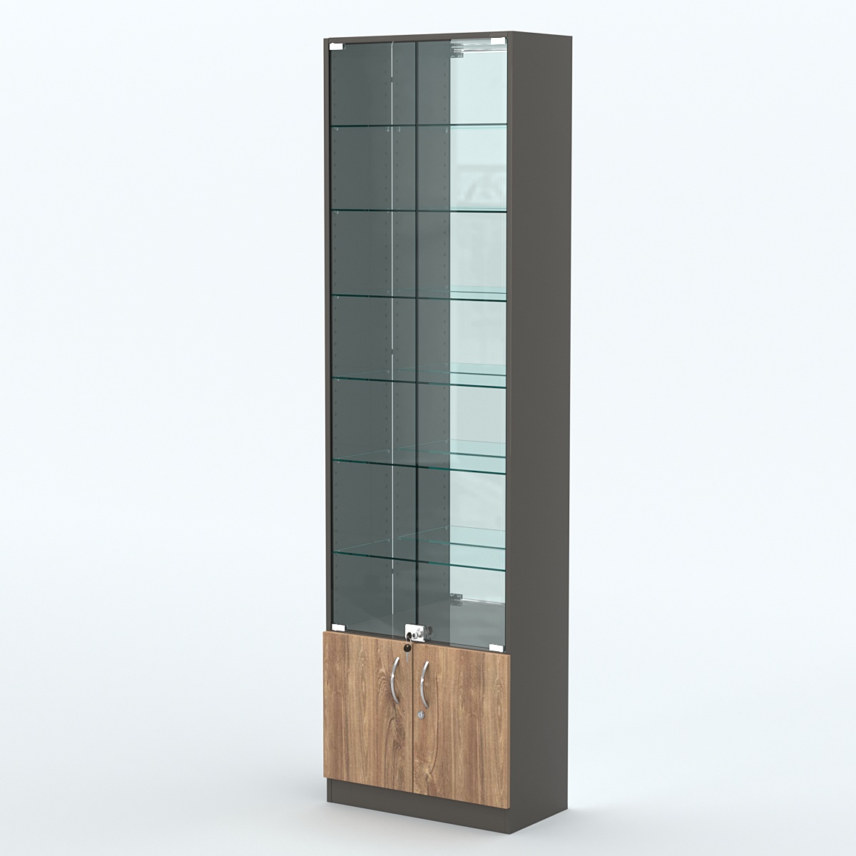 Торговая витрина с 6-ю стеклянными полками 300x600 мм серии NEXT-6 №5-2 (З/C - ЗЕРКАЛО) Черный + Дуб Канзас Коричневый