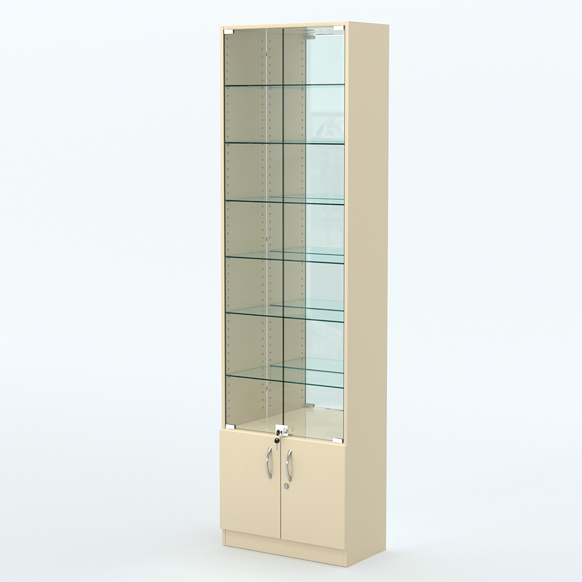 Торговая витрина с 6-ю стеклянными полками 300x600 мм серии NEXT-6 №5-2 (З/C - ЗЕРКАЛО) Крем Вайс