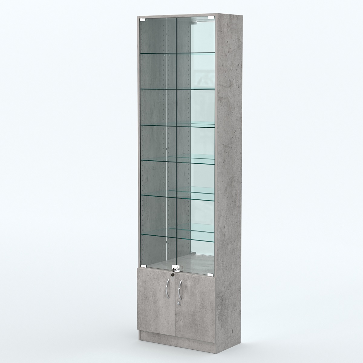 Торговая витрина с 6-ю стеклянными полками 300x600 мм серии NEXT-6 №5-2 (З/C - ЗЕРКАЛО) Бетон Чикаго светло-серый F186 ST9