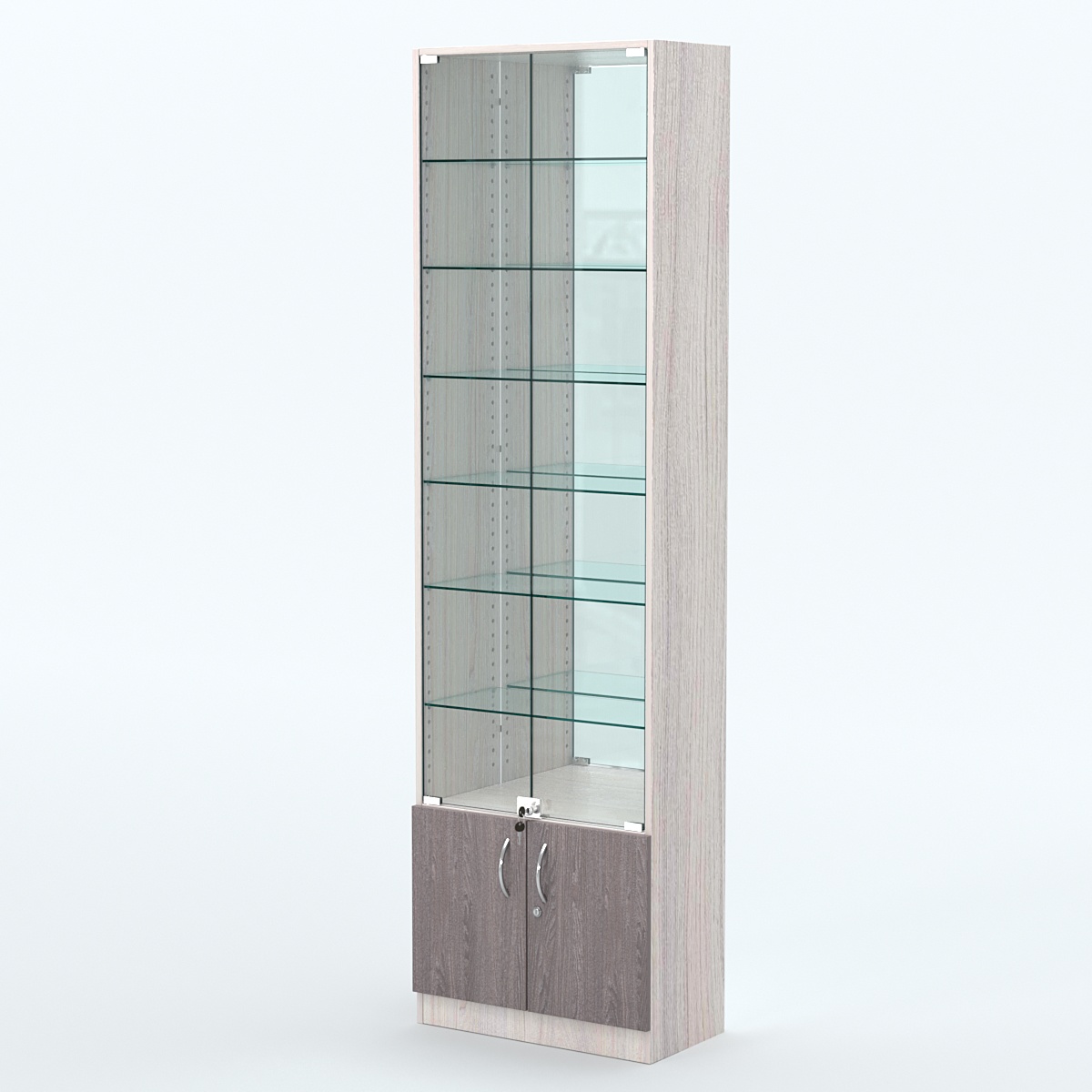 Торговая витрина с 6-ю стеклянными полками 300x600 мм серии NEXT-6 №5-2 (З/C - ЗЕРКАЛО) Ясень Анкор светлый + Ясень Анкор темный