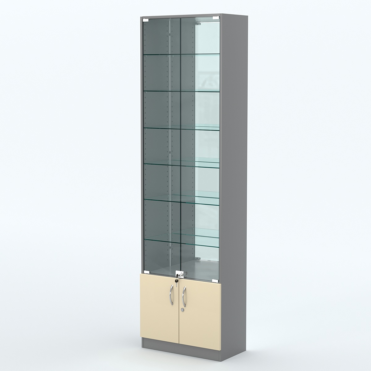 Торговая витрина с 6-ю стеклянными полками 300x600 мм серии NEXT-6 №5-2 (З/C - ЗЕРКАЛО) Темно-серый + Крем Вайс