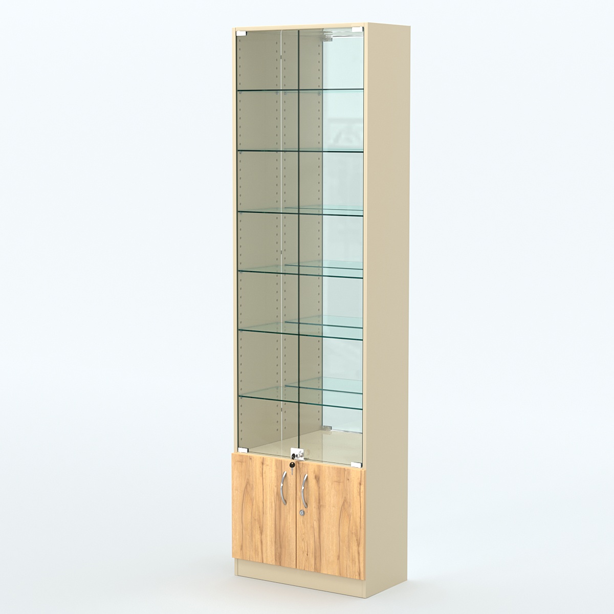 Торговая витрина с 6-ю стеклянными полками 300x600 мм серии NEXT-6 №5-2 (З/C - ЗЕРКАЛО) Крем Вайс и Дуб Золотистый