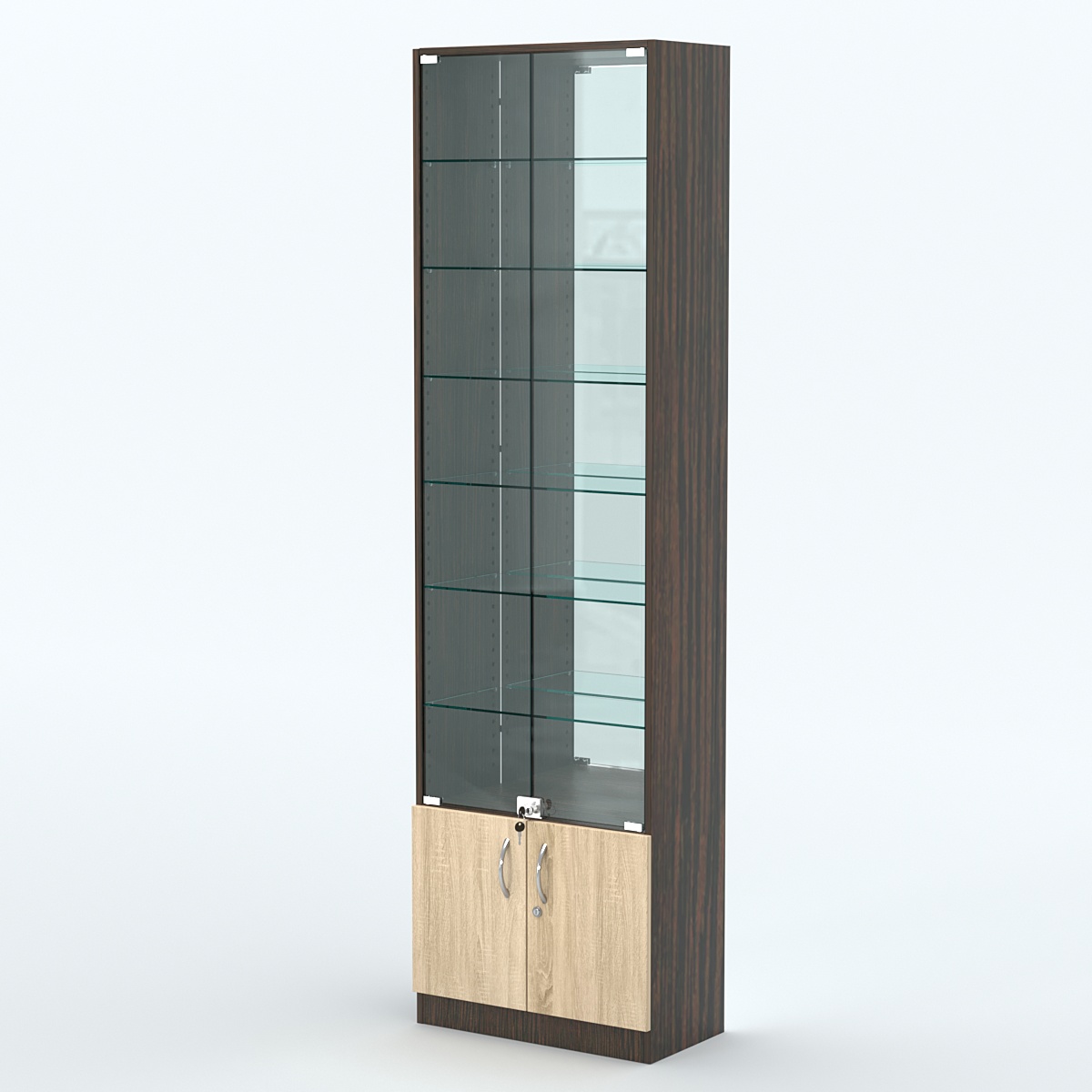 Торговая витрина с 6-ю стеклянными полками 300x600 мм серии NEXT-6 №5-2 (З/C - ЗЕРКАЛО) Дуб Венге + Дуб Сонома