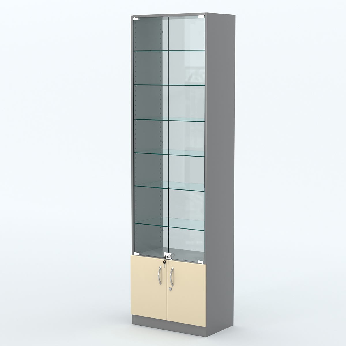 Торговая витрина с 6-ю стеклянными полками 350x600 мм серии NEXT-6 №6-1 (З/C - СТЕКЛО) Темно-серый + Крем Вайс