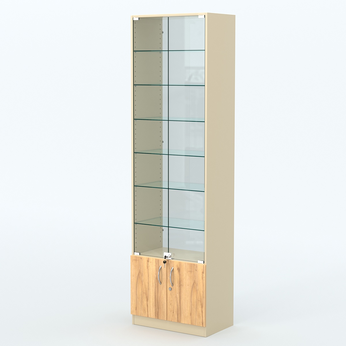 Торговая витрина с 6-ю стеклянными полками 350x600 мм серии NEXT-6 №6-1 (З/C - СТЕКЛО) Крем Вайс и Дуб Золотистый