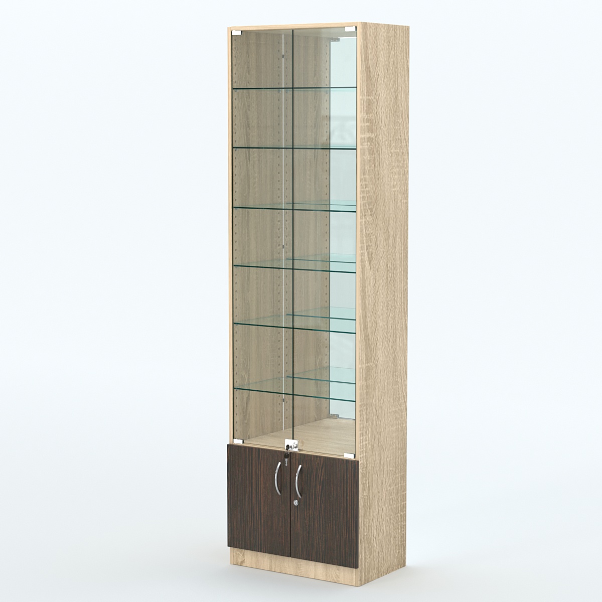 Торговая витрина с 6-ю стеклянными полками 350x600 мм серии NEXT-6 №6-2 (З/C - ЗЕРКАЛО) Дуб Сонома + Дуб Венге