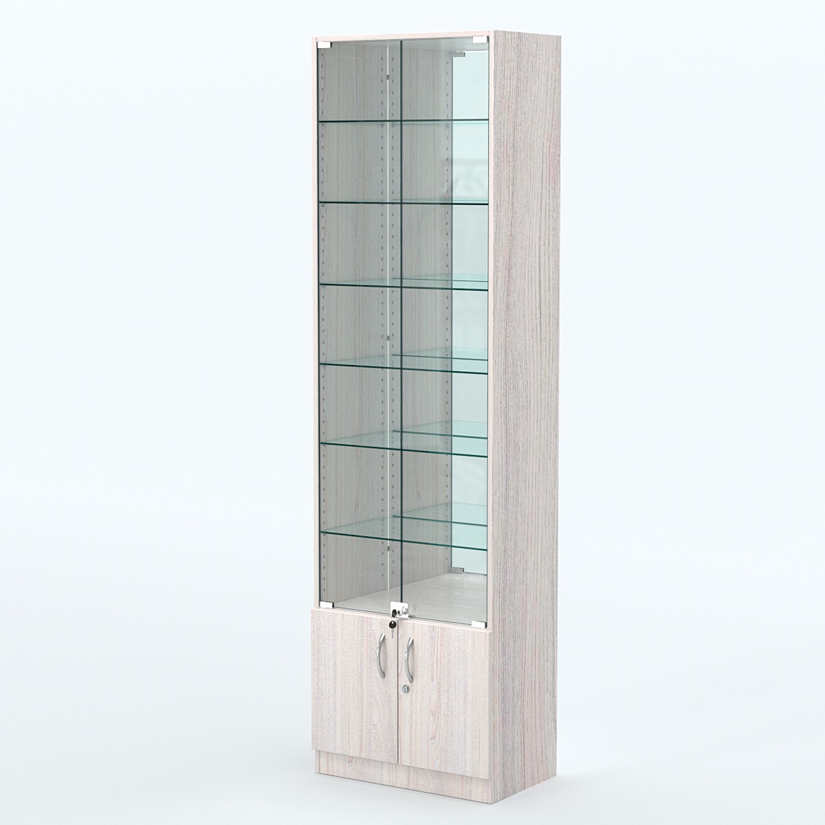 Торговая витрина с 6-ю стеклянными полками 350x600 мм серии NEXT-6 №6-2 (З/C - ЗЕРКАЛО) Ясень Анкор светлый