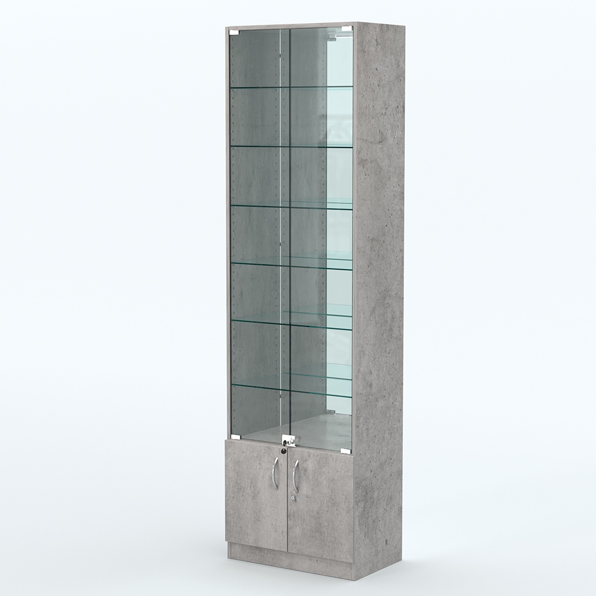 Торговая витрина с 6-ю стеклянными полками 350x600 мм серии NEXT-6 №6-2 (З/C - ЗЕРКАЛО) Бетон Чикаго светло-серый F186 ST9