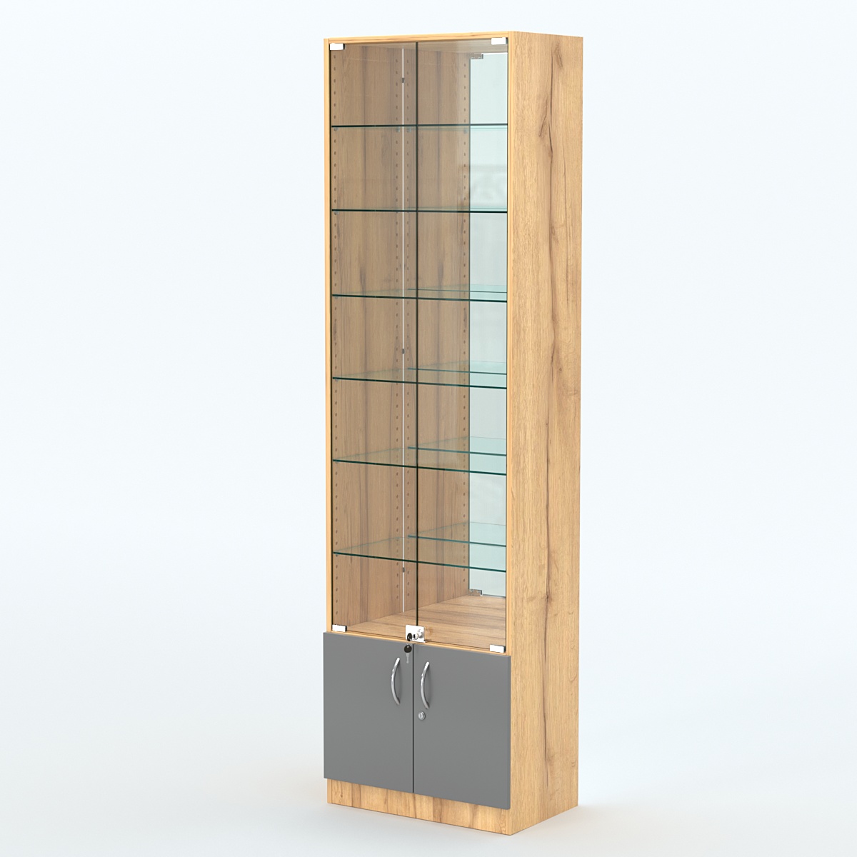 Торговая витрина с 6-ю стеклянными полками 350x600 мм серии NEXT-6 №6-2 (З/C - ЗЕРКАЛО) Дуб Золотистый и Темно-Серый