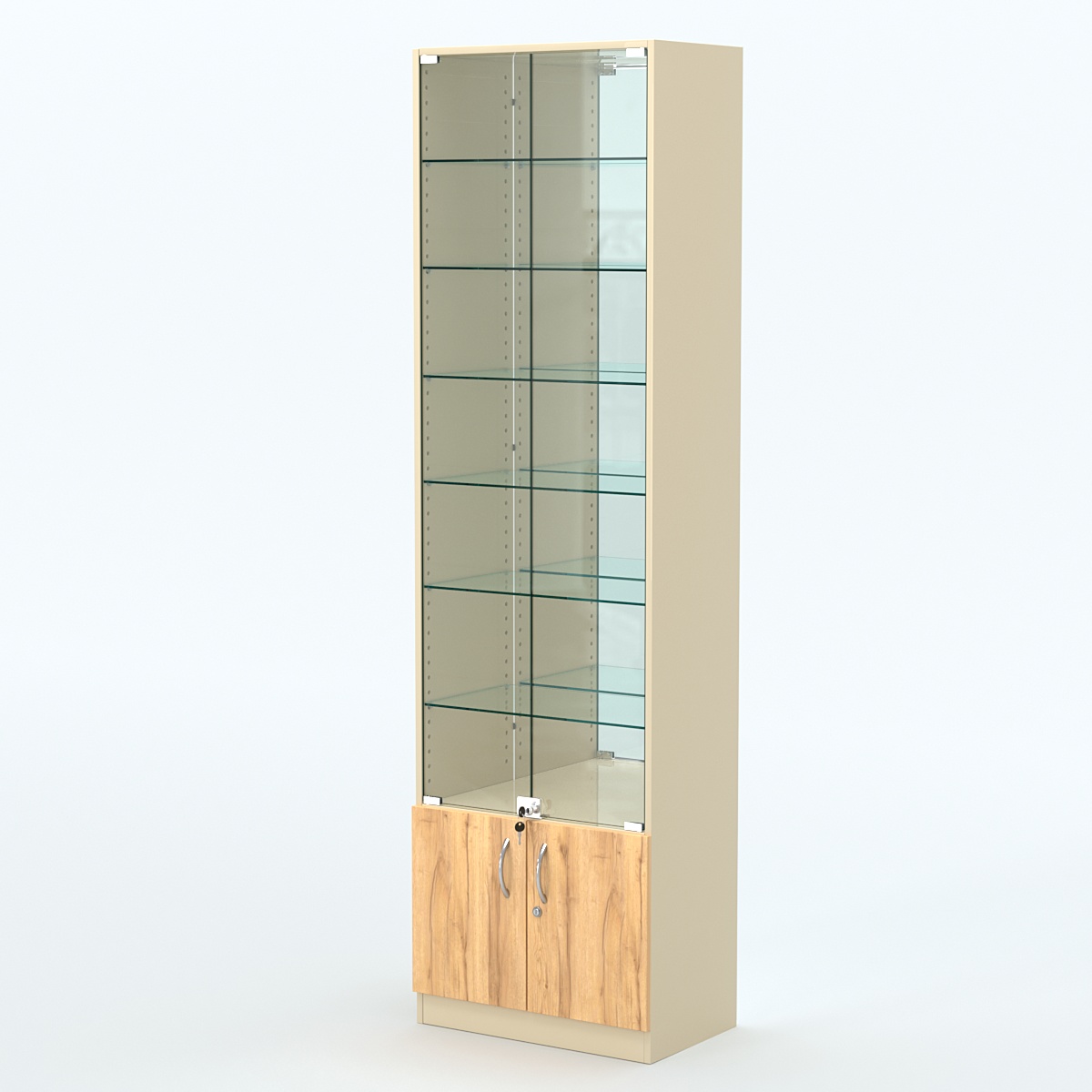 Торговая витрина с 6-ю стеклянными полками 350x600 мм серии NEXT-6 №6-2 (З/C - ЗЕРКАЛО) Крем Вайс и Дуб Золотистый