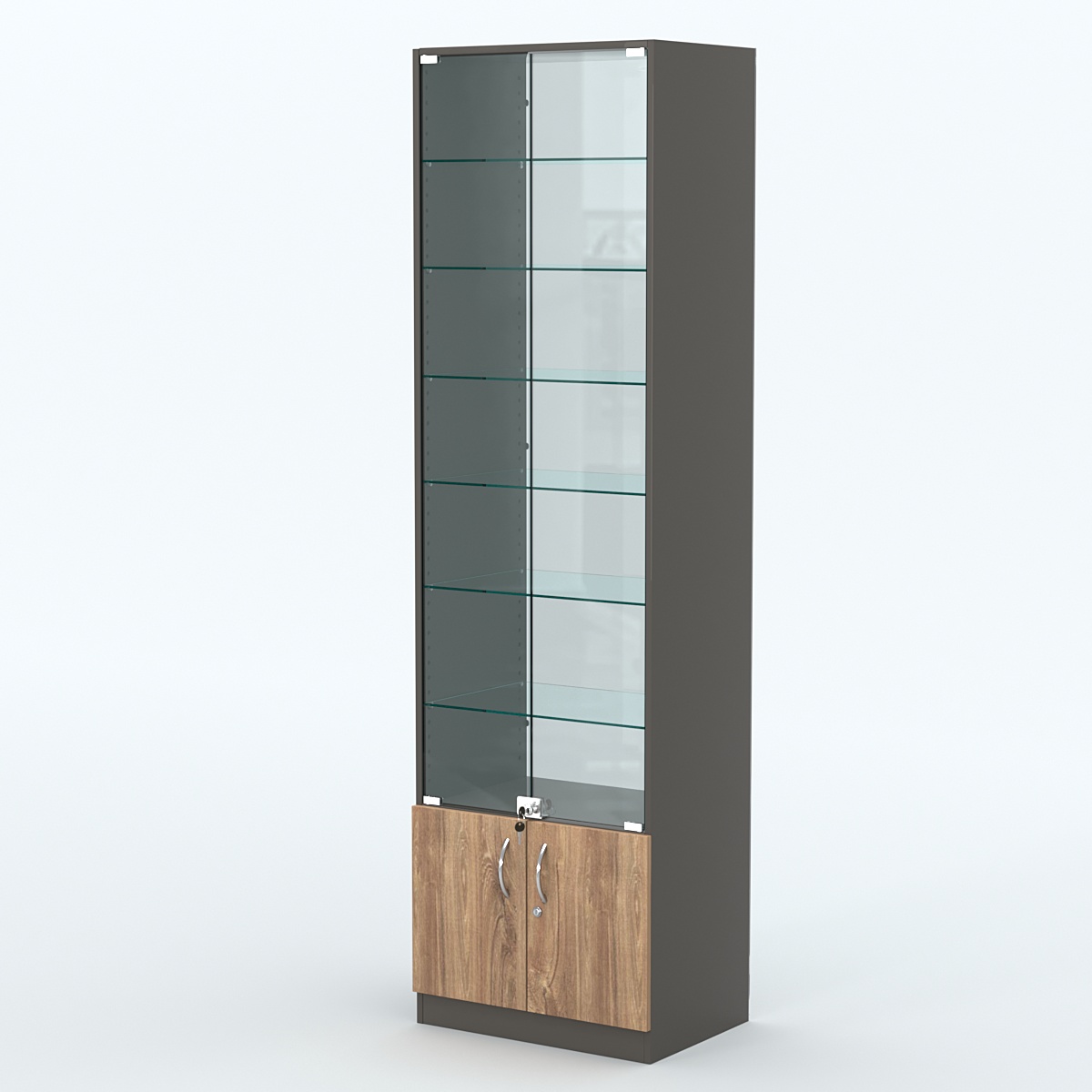 Торговая витрина с 6-ю стеклянными полками 400x600 мм серии NEXT-6 №7-1 (З/C - СТЕКЛО) Черный + Дуб Канзас Коричневый