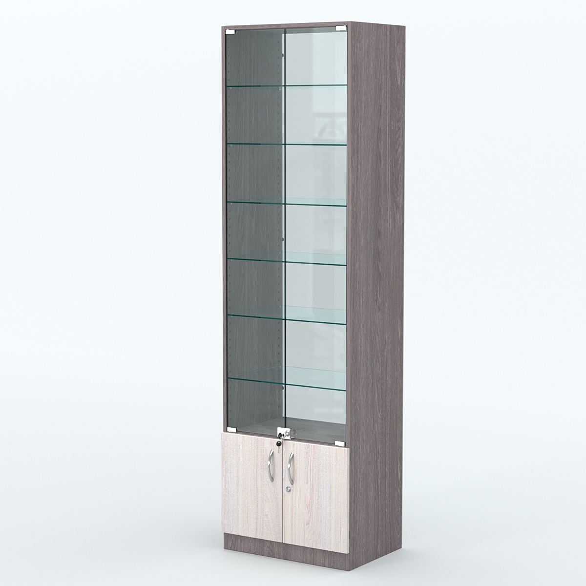 Торговая витрина с 6-ю стеклянными полками 400x600 мм серии NEXT-6 №7-1 (З/C - СТЕКЛО) Ясень Анкор темный + Ясень Анкор светлый