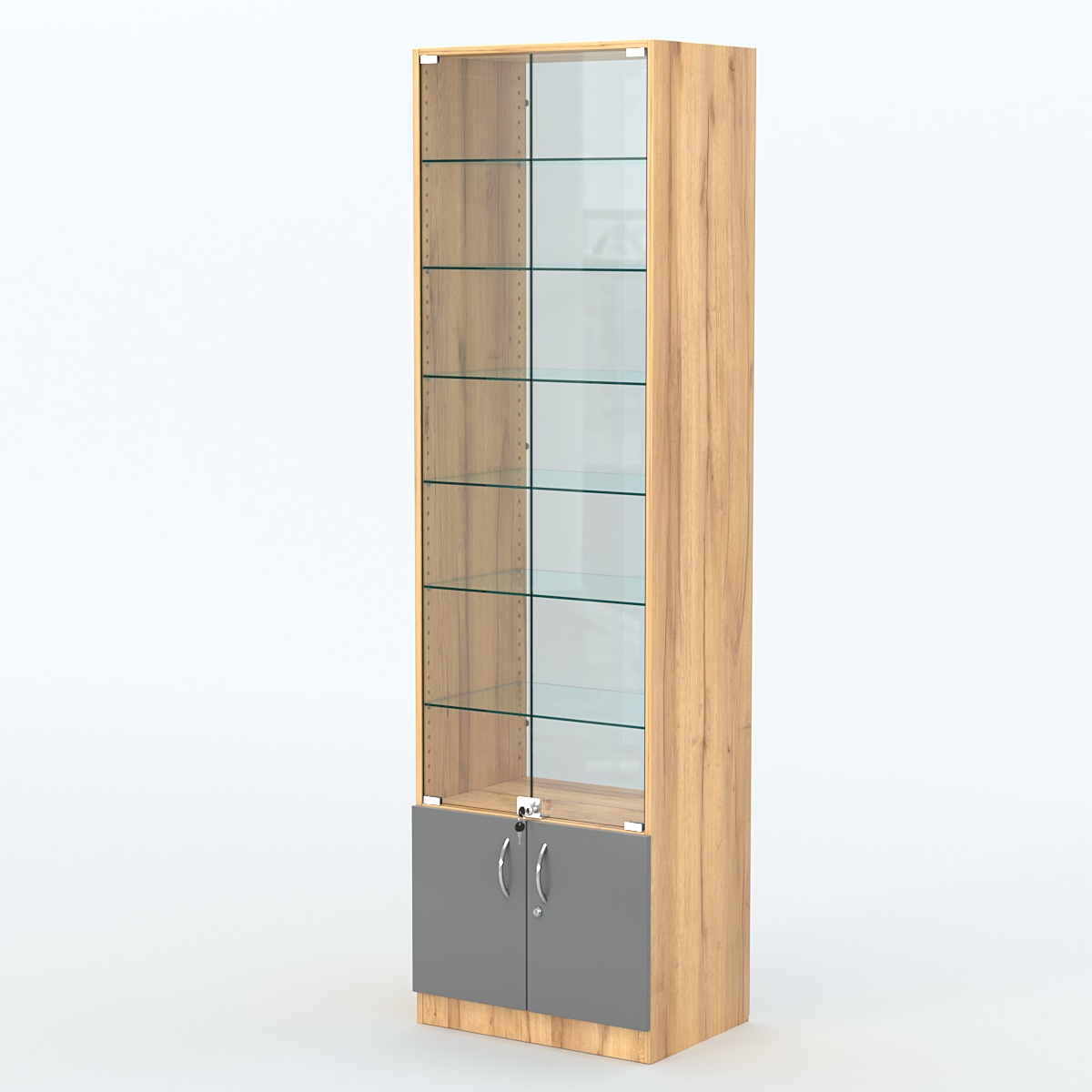Торговая витрина с 6-ю стеклянными полками 400x600 мм серии NEXT-6 №7-1 (З/C - СТЕКЛО) Дуб Золотистый и Темно-Серый