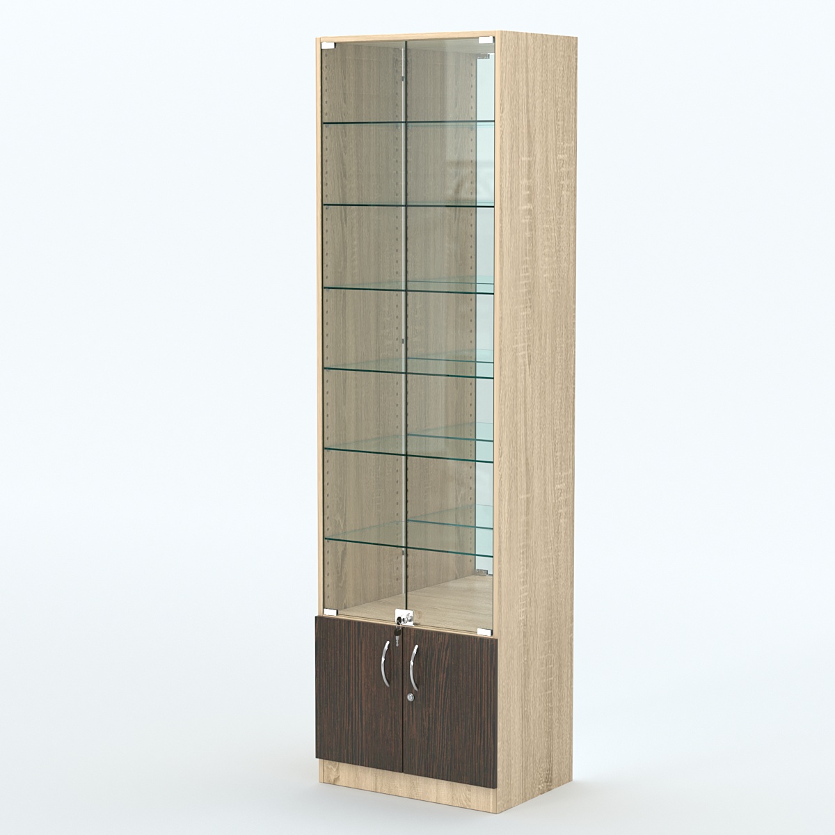 Торговая витрина с 6-ю стеклянными полками 400x600 мм серии NEXT-6 №7-2 (З/C - ЗЕРКАЛО) Дуб Сонома + Дуб Венге