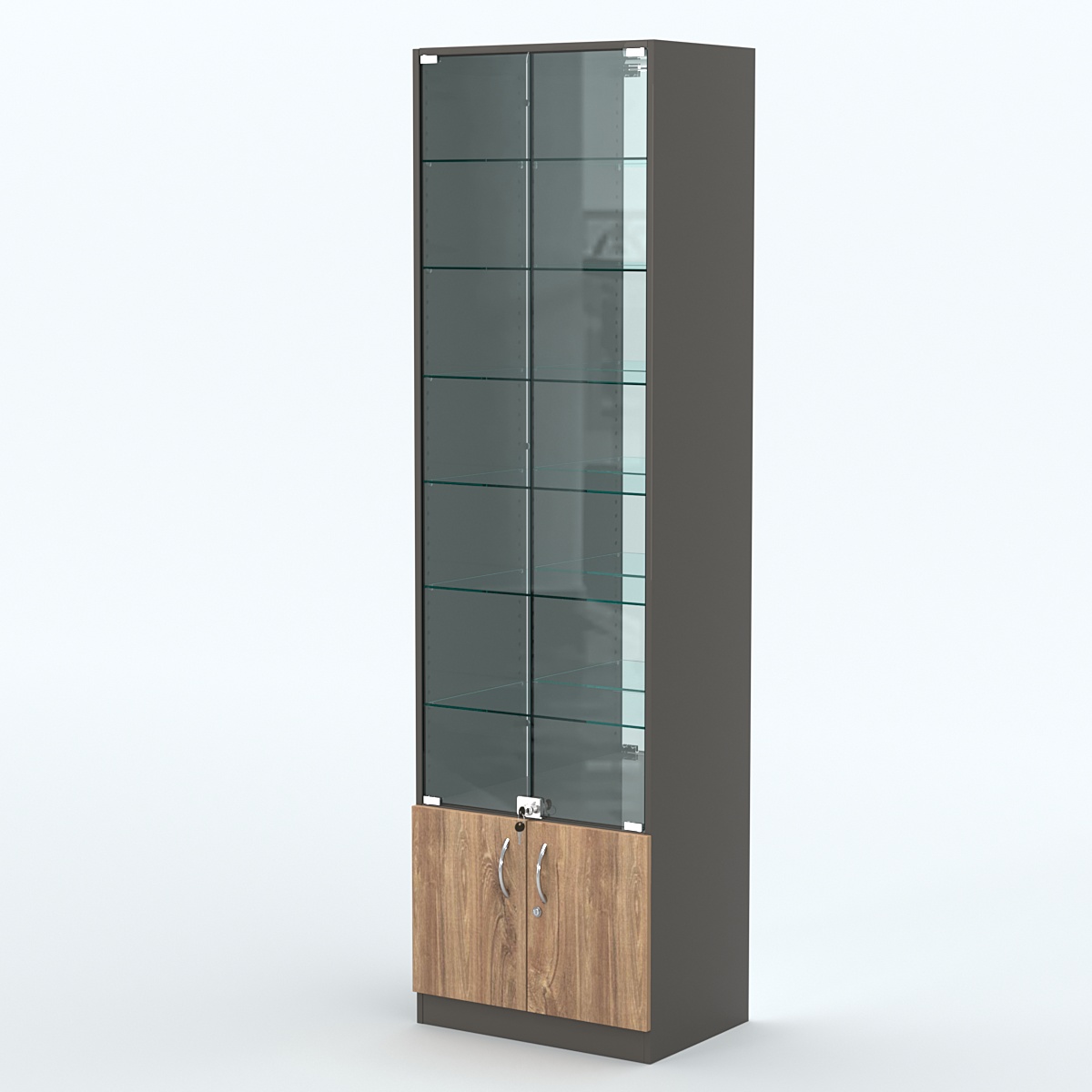 Торговая витрина с 6-ю стеклянными полками 400x600 мм серии NEXT-6 №7-2 (З/C - ЗЕРКАЛО) Черный + Дуб Канзас Коричневый