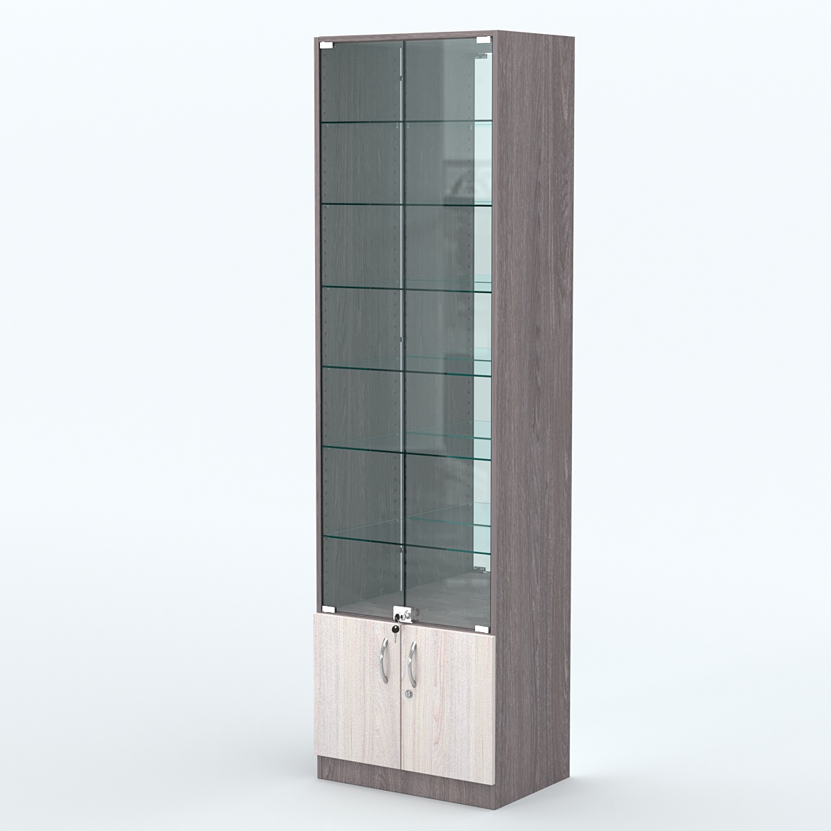 Торговая витрина с 6-ю стеклянными полками 400x600 мм серии NEXT-6 №7-2 (З/C - ЗЕРКАЛО) Ясень Анкор темный + Ясень Анкор светлый