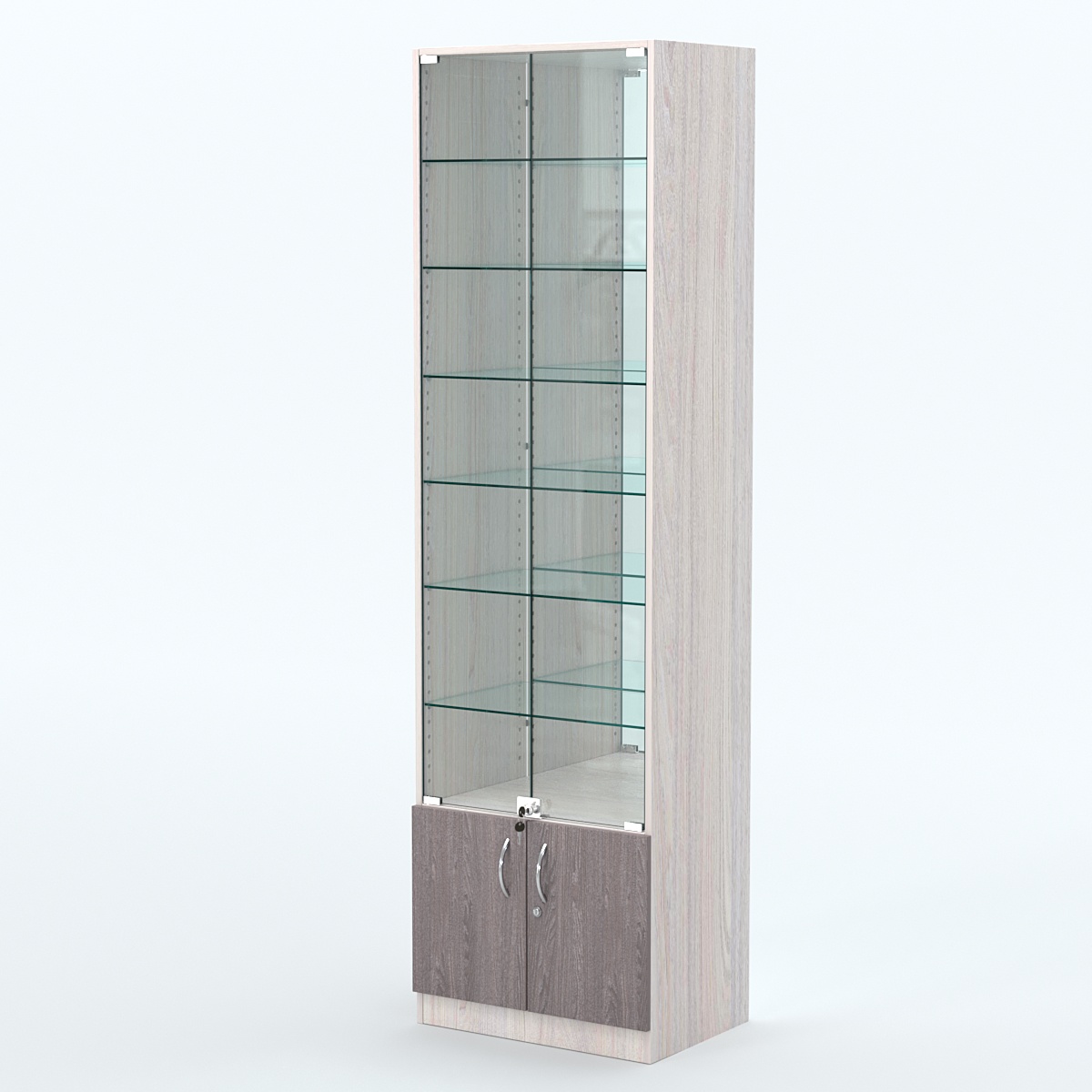 Торговая витрина с 6-ю стеклянными полками 400x600 мм серии NEXT-6 №7-2 (З/C - ЗЕРКАЛО) Ясень Анкор светлый + Ясень Анкор темный