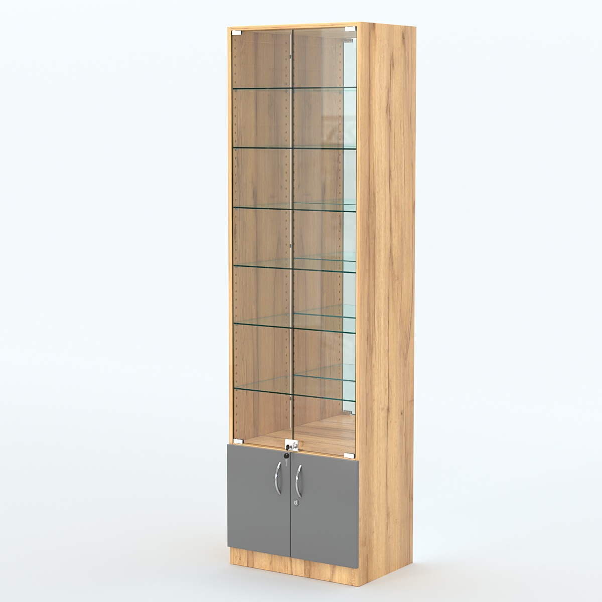 Торговая витрина с 6-ю стеклянными полками 400x600 мм серии NEXT-6 №7-2 (З/C - ЗЕРКАЛО) Дуб Золотистый и Темно-Серый