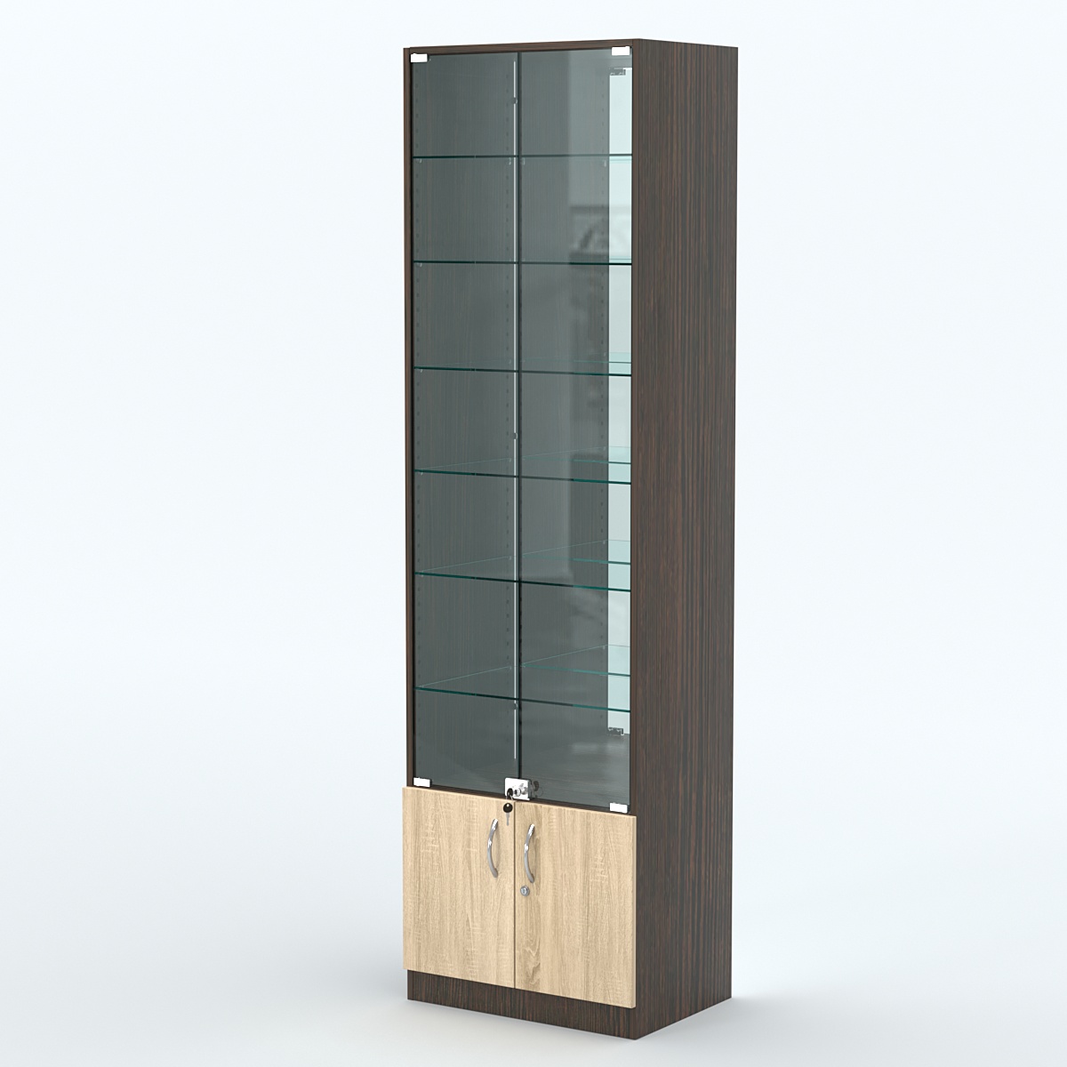 Торговая витрина с 6-ю стеклянными полками 400x600 мм серии NEXT-6 №7-2 (З/C - ЗЕРКАЛО) Дуб Венге + Дуб Сонома