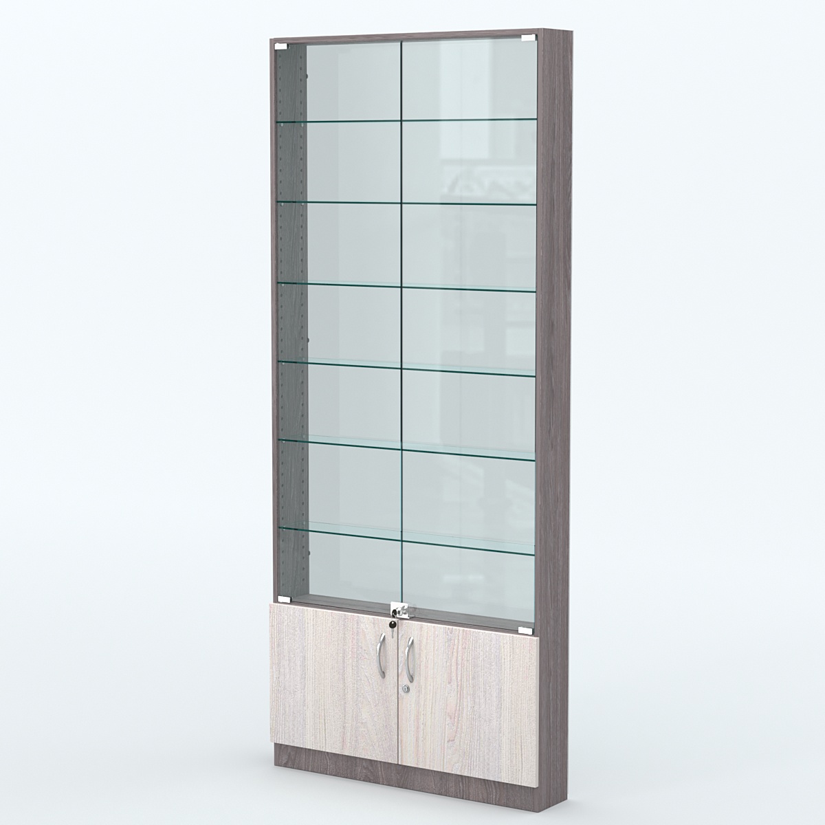 Торговая витрина с 6-ю стеклянными полками 150x900 мм серии NEXT-6 №9-1 (З/C - СТЕКЛО) Ясень Анкор темный + Ясень Анкор светлый