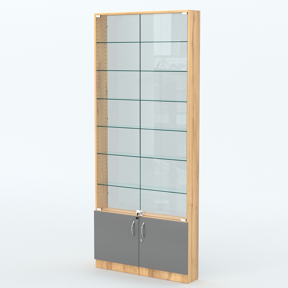 Торговая витрина с 6-ю стеклянными полками 150x900 мм серии NEXT-6 №9-1 (З/C - СТЕКЛО) Дуб Золотистый и Темно-Серый