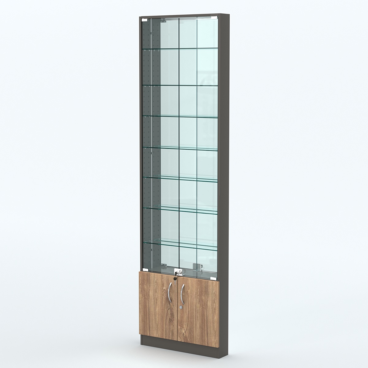 Торговая витрина с 7-ю стеклянными полками 100x600 мм серии NEXT-7 №1-2 (З/C - ЗЕРКАЛО) Черный + Дуб Канзас Коричневый