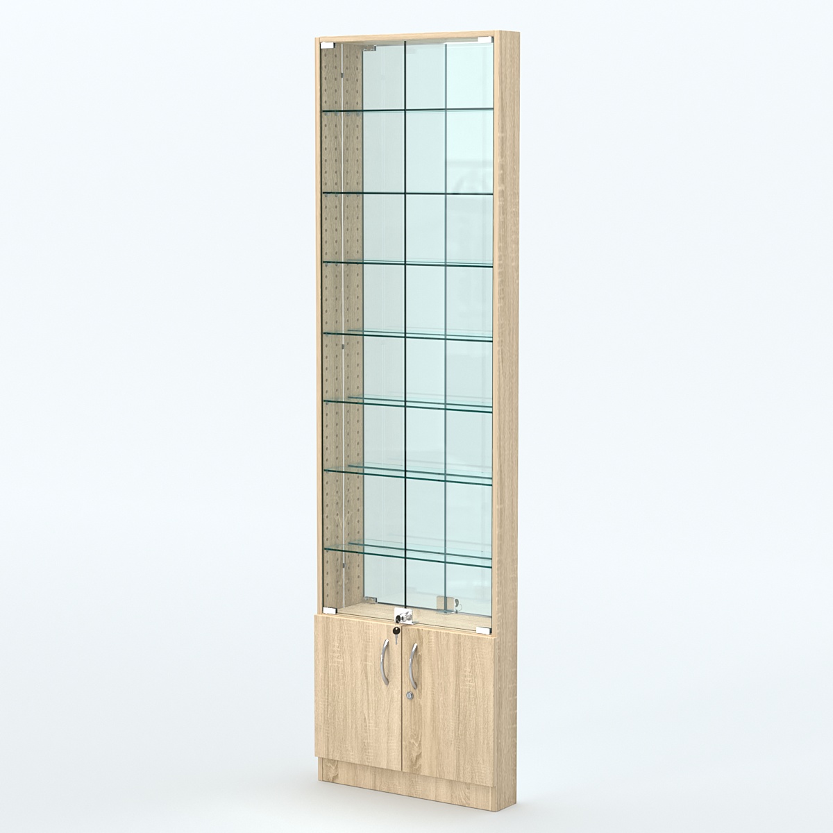 Торговая витрина с 7-ю стеклянными полками 100x600 мм серии NEXT-7 №1-2 (З/C - ЗЕРКАЛО) Дуб сонома