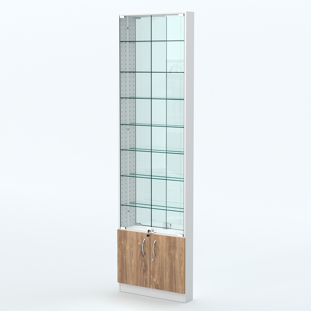 Торговая витрина с 7-ю стеклянными полками 100x600 мм серии NEXT-7 №1-2 (З/C - ЗЕРКАЛО) Белый + Дуб канзас коричневый