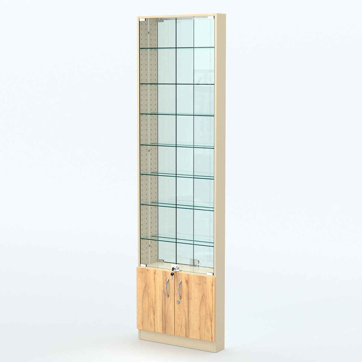 Торговая витрина с 7-ю стеклянными полками 100x600 мм серии NEXT-7 №1-2 (З/C - ЗЕРКАЛО) Крем Вайс и Дуб Золотистый
