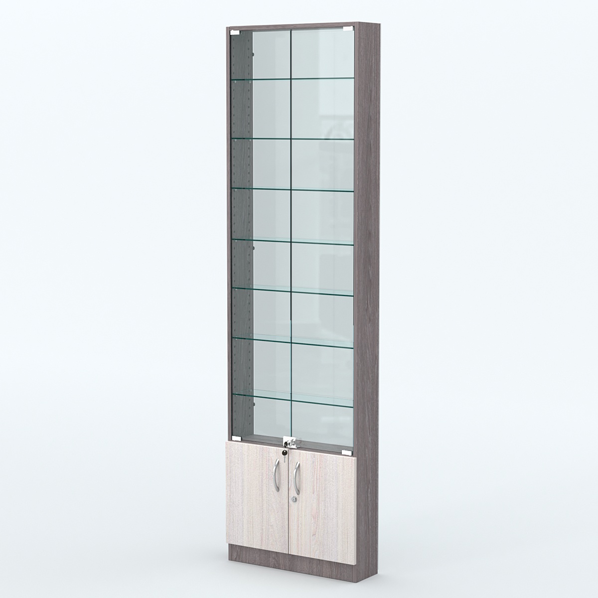 Торговая витрина с 7-ю стеклянными полками 150x600 мм серии NEXT-7 №2-1 (З/C - СТЕКЛО) Ясень Анкор темный + Ясень Анкор светлый