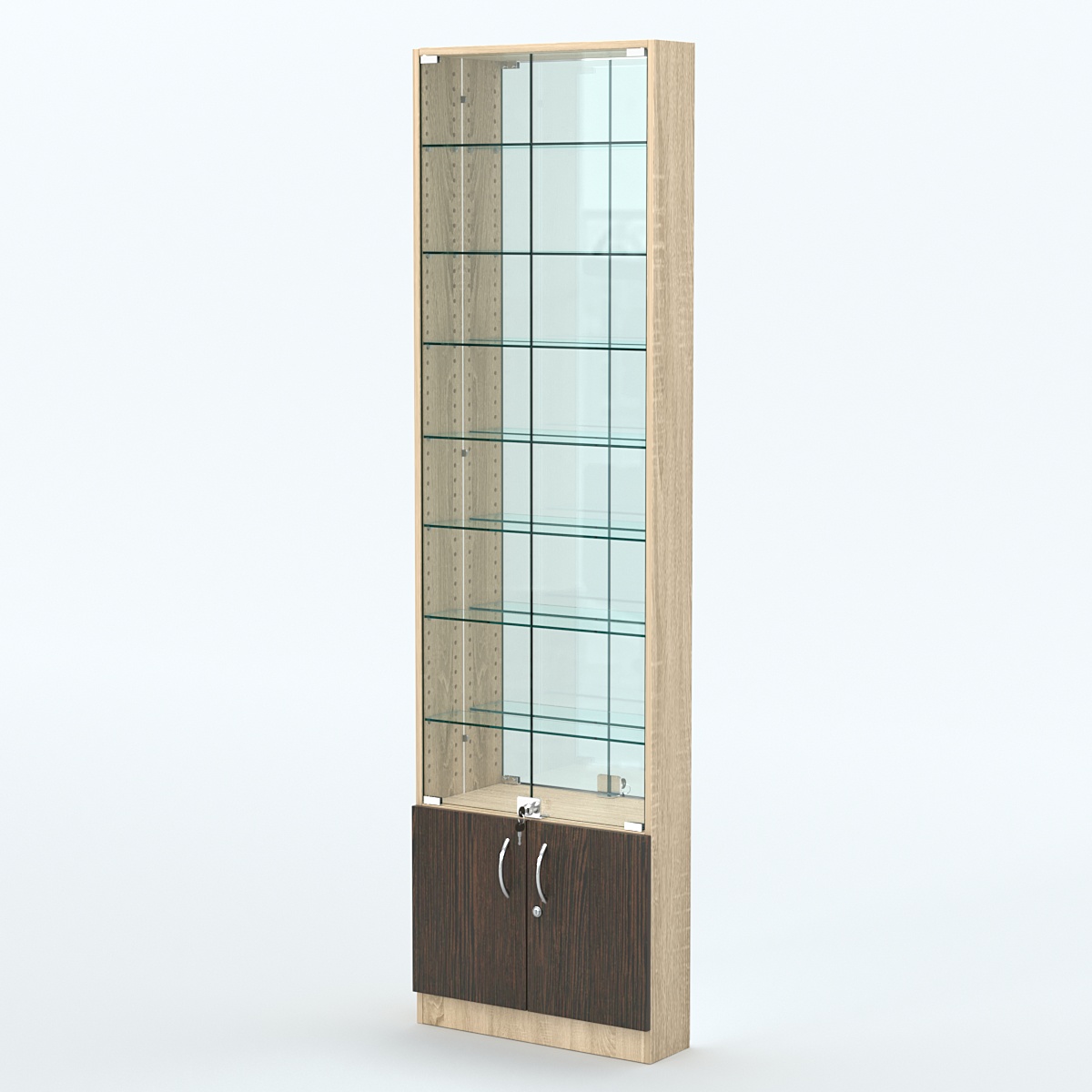 Торговая витрина с 7-ю стеклянными полками 150x600 мм серии NEXT-7 №2-2 (З/C - ЗЕРКАЛО) Дуб Сонома + Дуб Венге