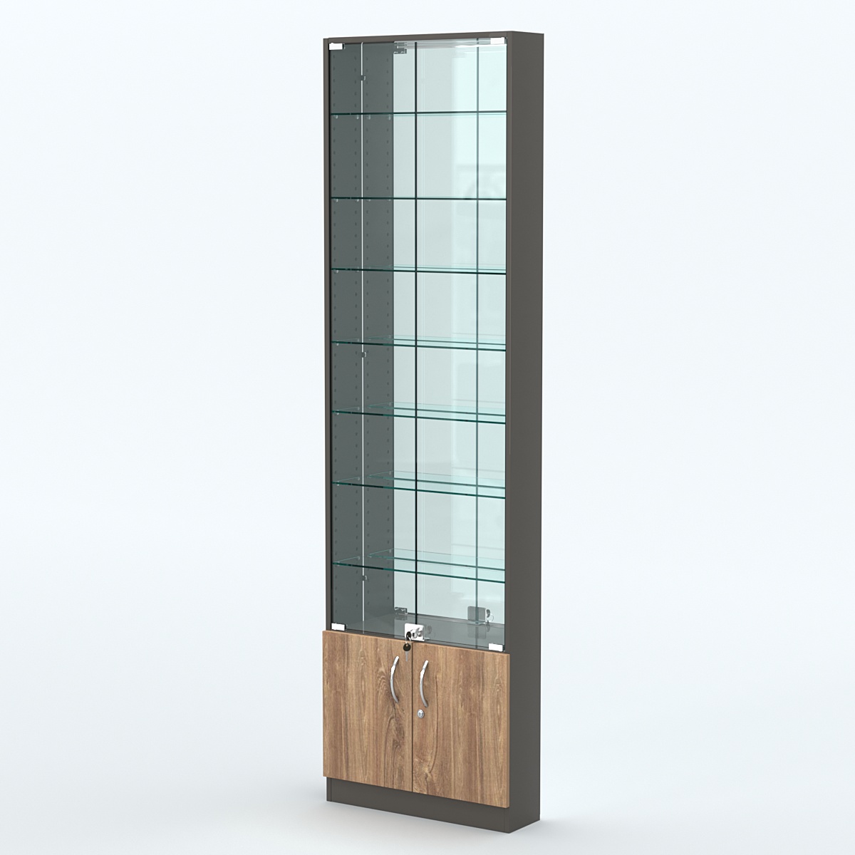 Торговая витрина с 7-ю стеклянными полками 150x600 мм серии NEXT-7 №2-2 (З/C - ЗЕРКАЛО) Черный + Дуб Канзас Коричневый