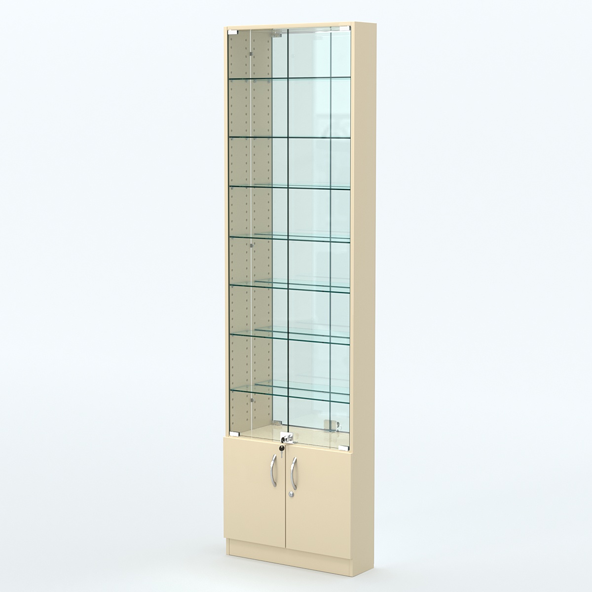 Торговая витрина с 7-ю стеклянными полками 150x600 мм серии NEXT-7 №2-2 (З/C - ЗЕРКАЛО) Крем Вайс