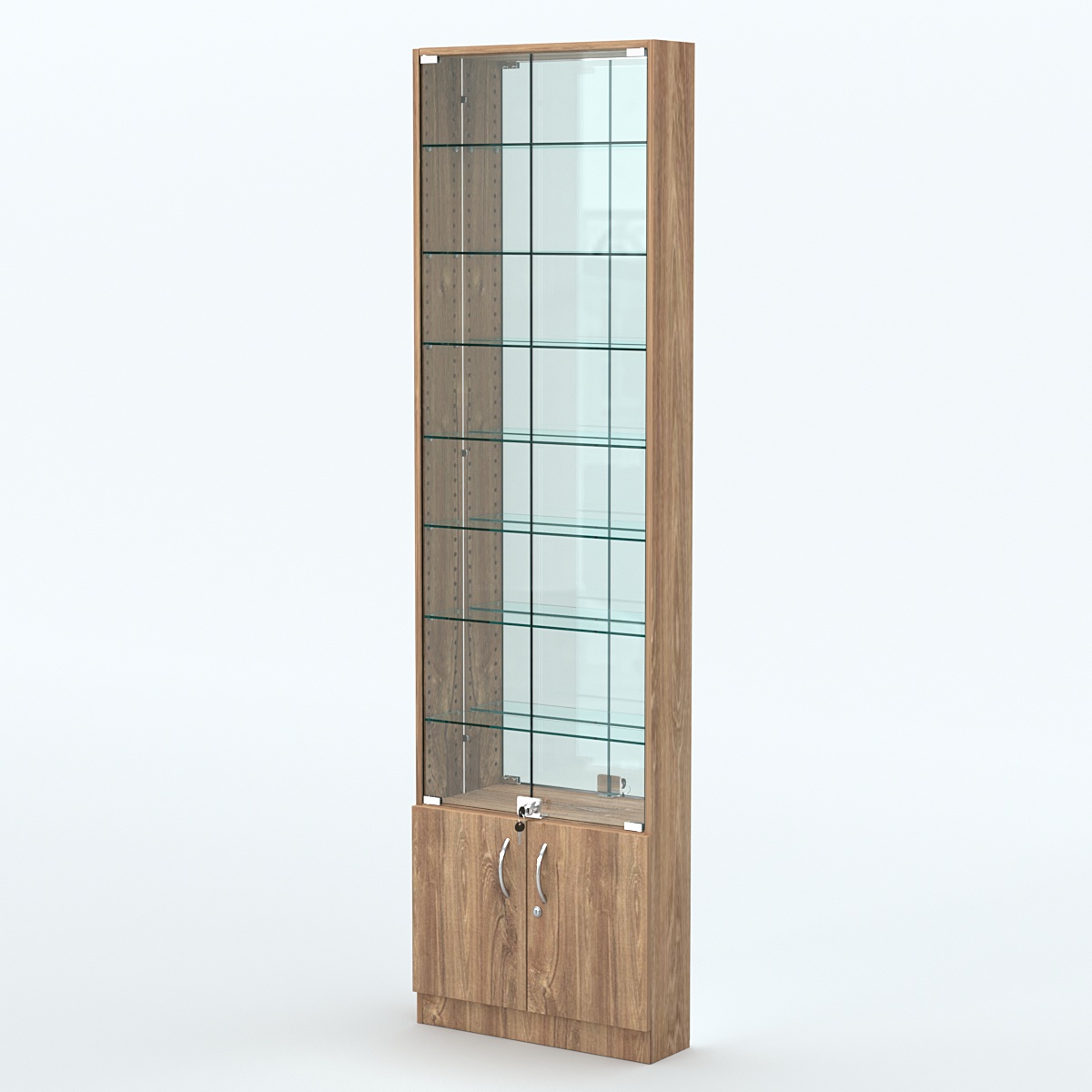 Торговая витрина с 7-ю стеклянными полками 150x600 мм серии NEXT-7 №2-2 (З/C - ЗЕРКАЛО) Дуб Канзас коричневый