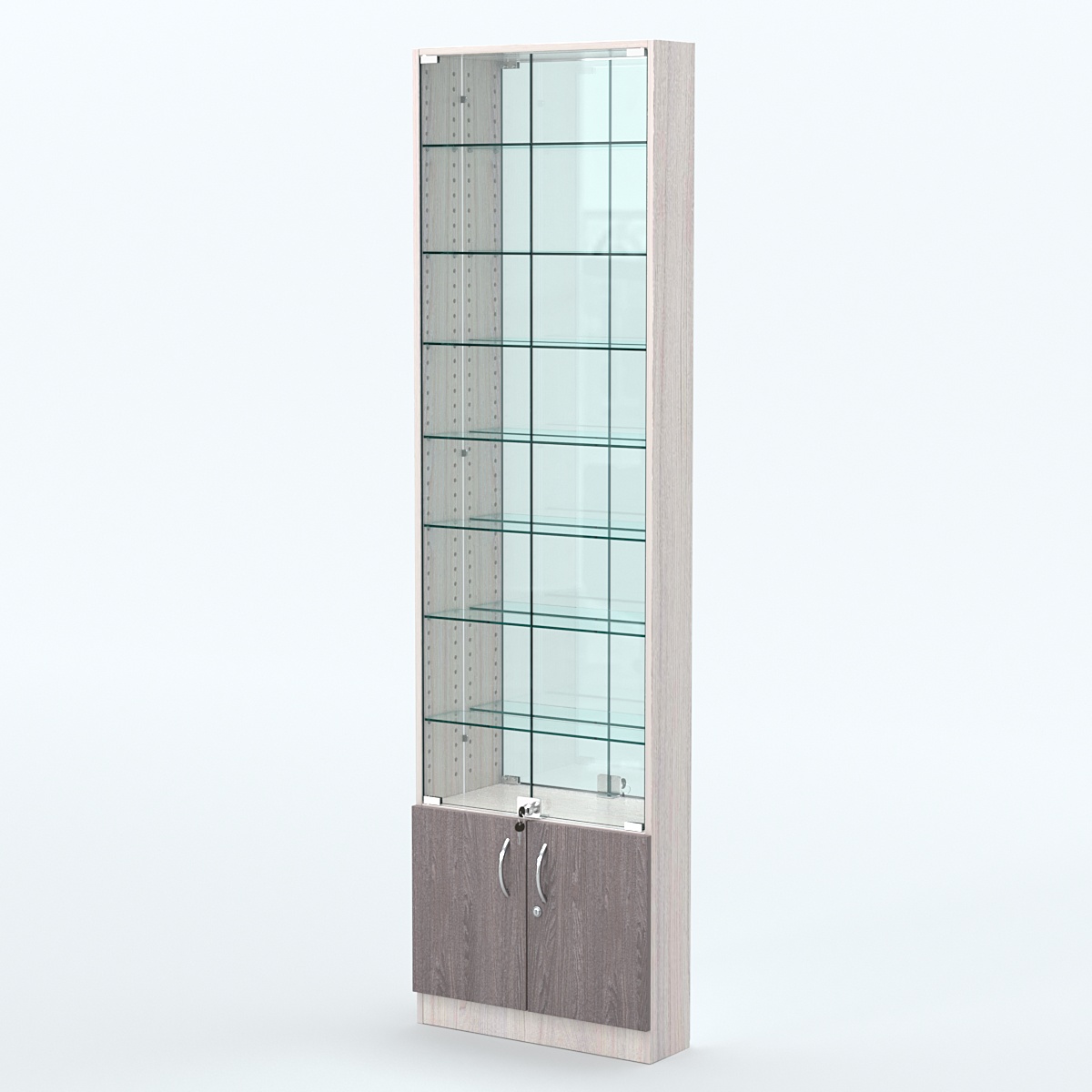Торговая витрина с 7-ю стеклянными полками 150x600 мм серии NEXT-7 №2-2 (З/C - ЗЕРКАЛО) Ясень Анкор светлый + Ясень Анкор темный