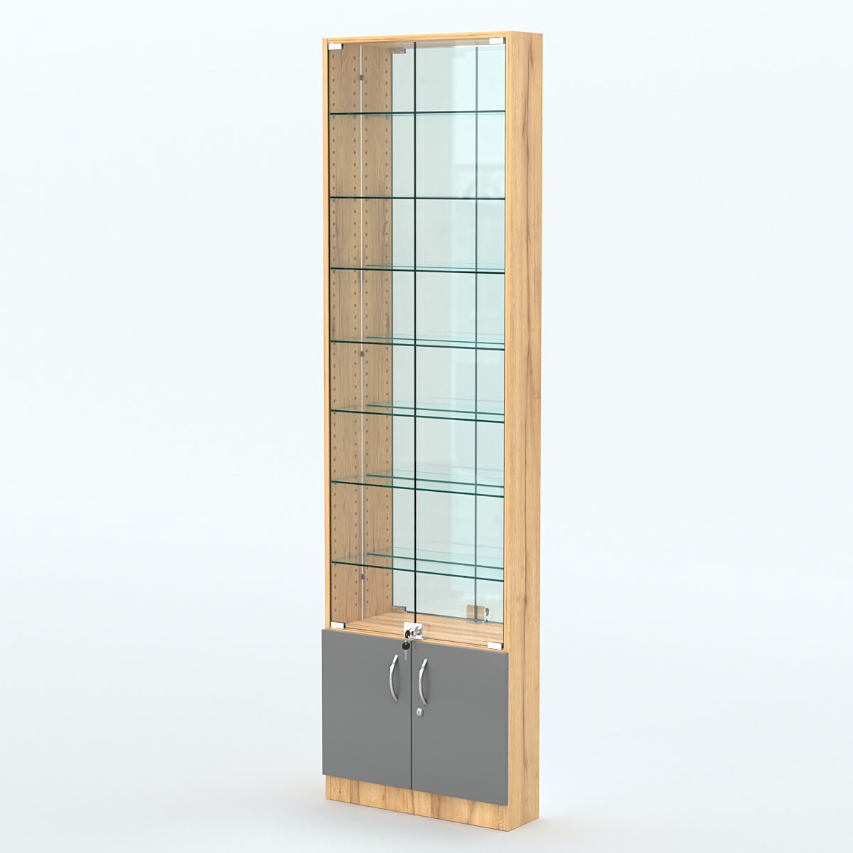 Торговая витрина с 7-ю стеклянными полками 150x600 мм серии NEXT-7 №2-2 (З/C - ЗЕРКАЛО) Дуб Золотистый и Темно-Серый