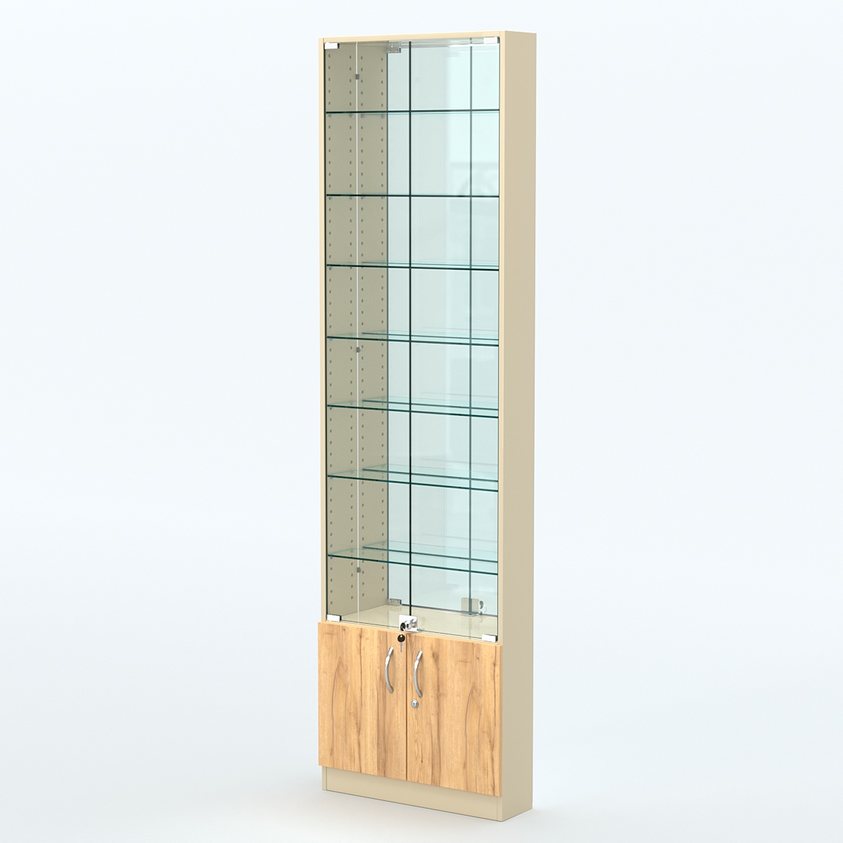 Торговая витрина с 7-ю стеклянными полками 150x600 мм серии NEXT-7 №2-2 (З/C - ЗЕРКАЛО) Крем Вайс и Дуб Золотистый