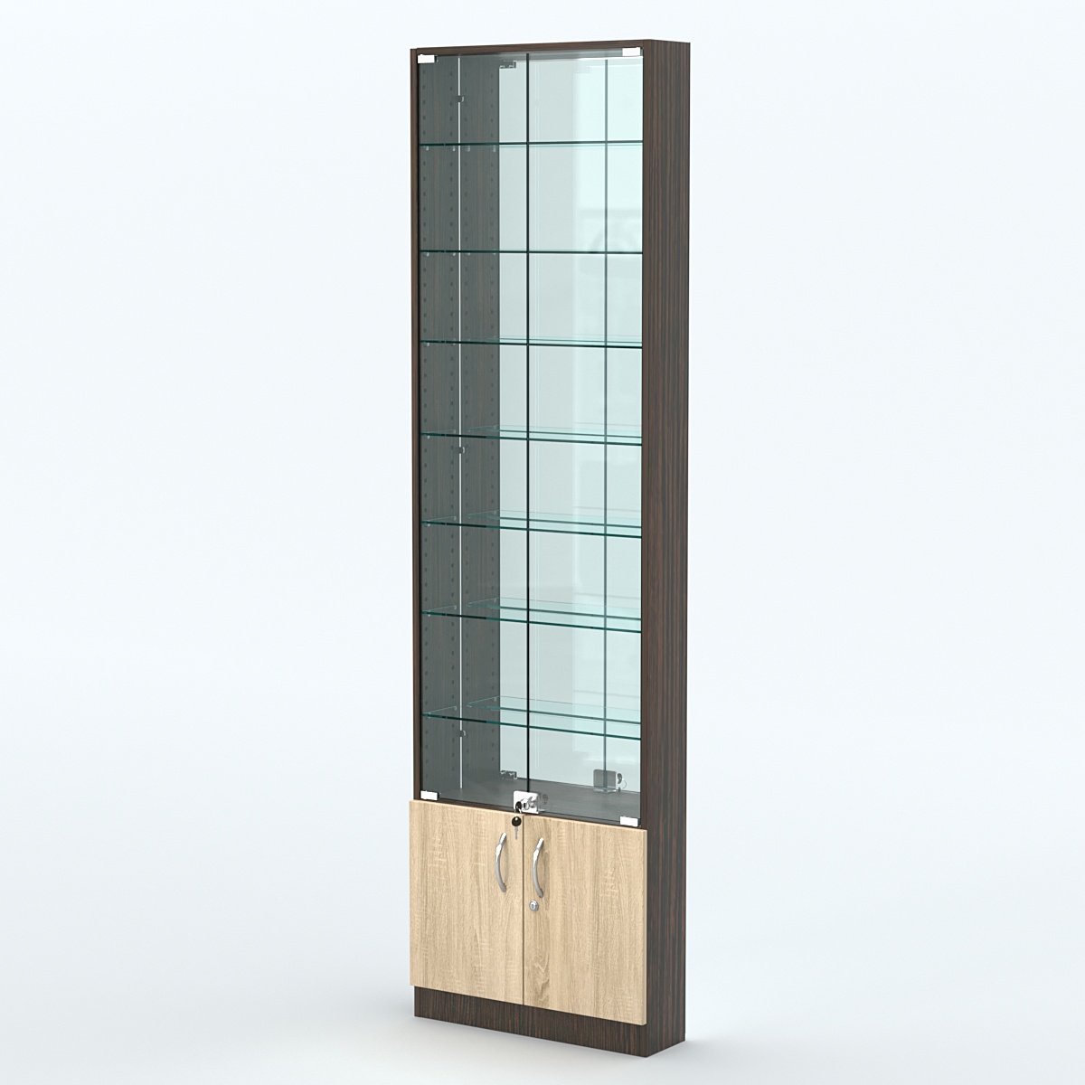 Торговая витрина с 7-ю стеклянными полками 150x600 мм серии NEXT-7 №2-2 (З/C - ЗЕРКАЛО) Дуб Венге + Дуб Сонома