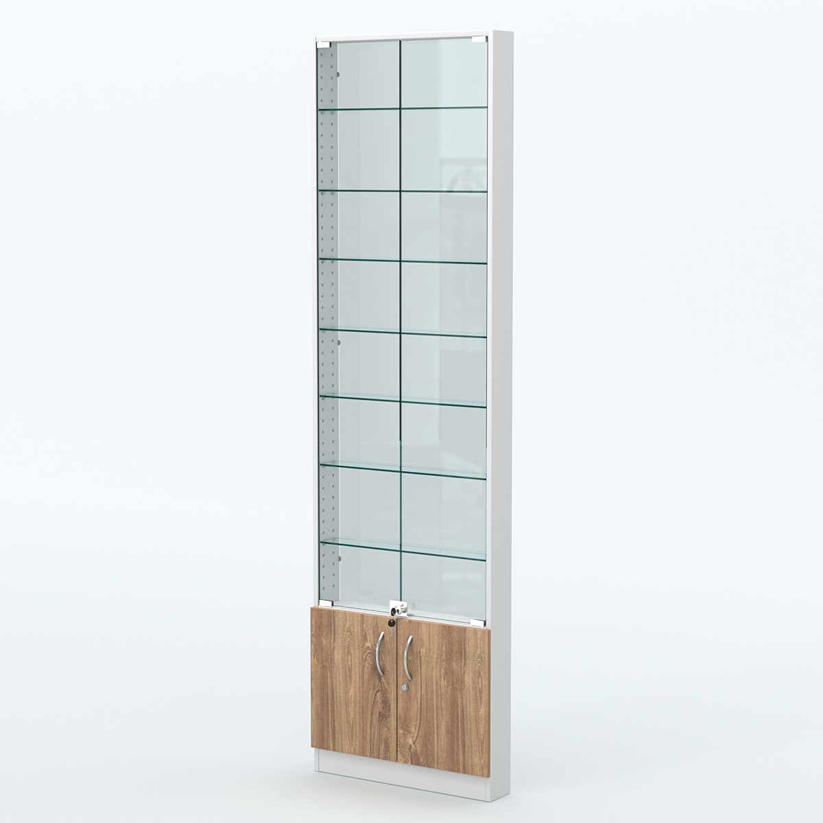 Торговая витрина с 8-ю стеклянными полками 100x600 мм серии NEXT-8 №1-1 (З/C - СТЕКЛО) Белый + Дуб канзас коричневый