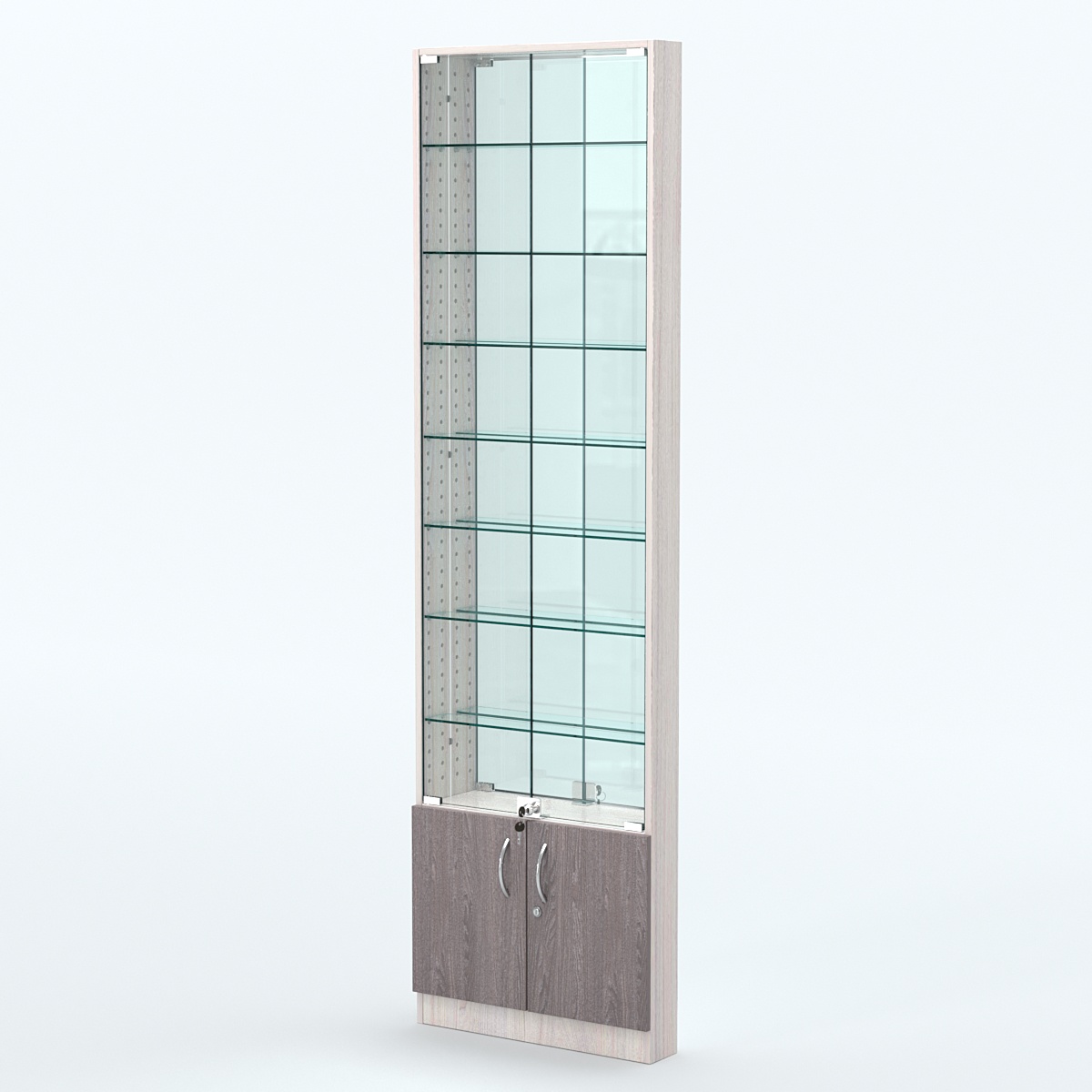 Торговая витрина с 8-ю стеклянными полками 100x600 мм серии NEXT-8 №1-2 (З/C - ЗЕРКАЛО) Ясень Анкор светлый + Ясень Анкор темный