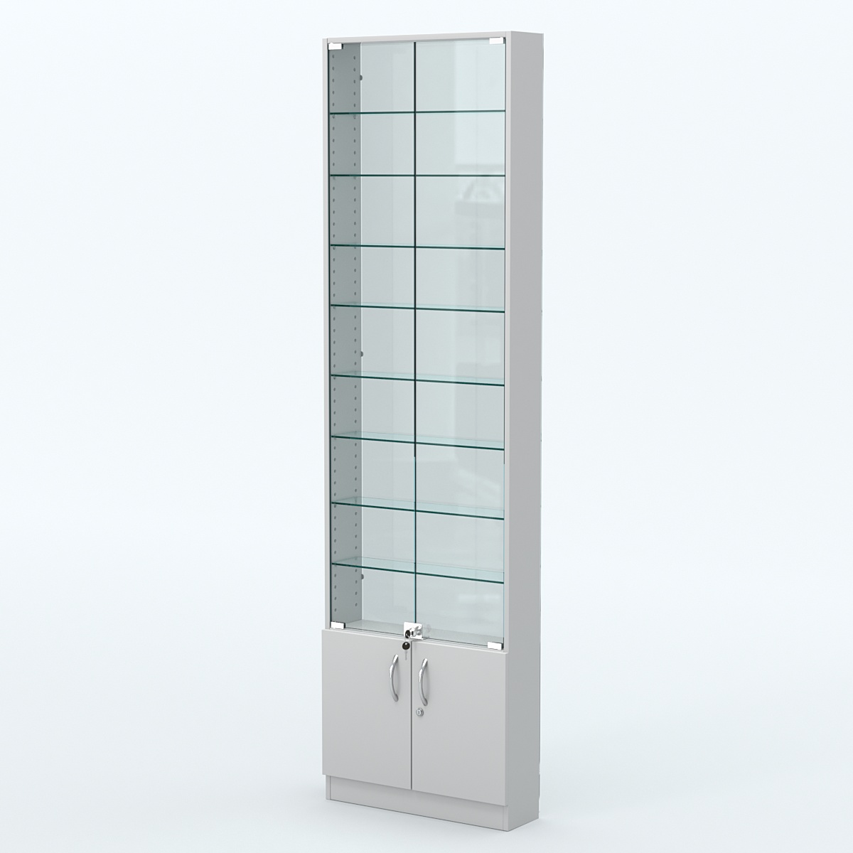 Торговая витрина с 8-ю стеклянными полками 150x600 мм серии NEXT-8 №2-1 (З/C - СТЕКЛО) Серый