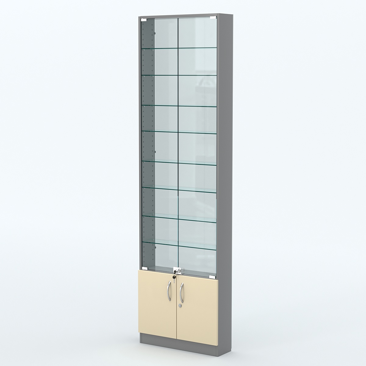 Торговая витрина с 8-ю стеклянными полками 150x600 мм серии NEXT-8 №2-1 (З/C - СТЕКЛО) Темно-серый + Крем Вайс