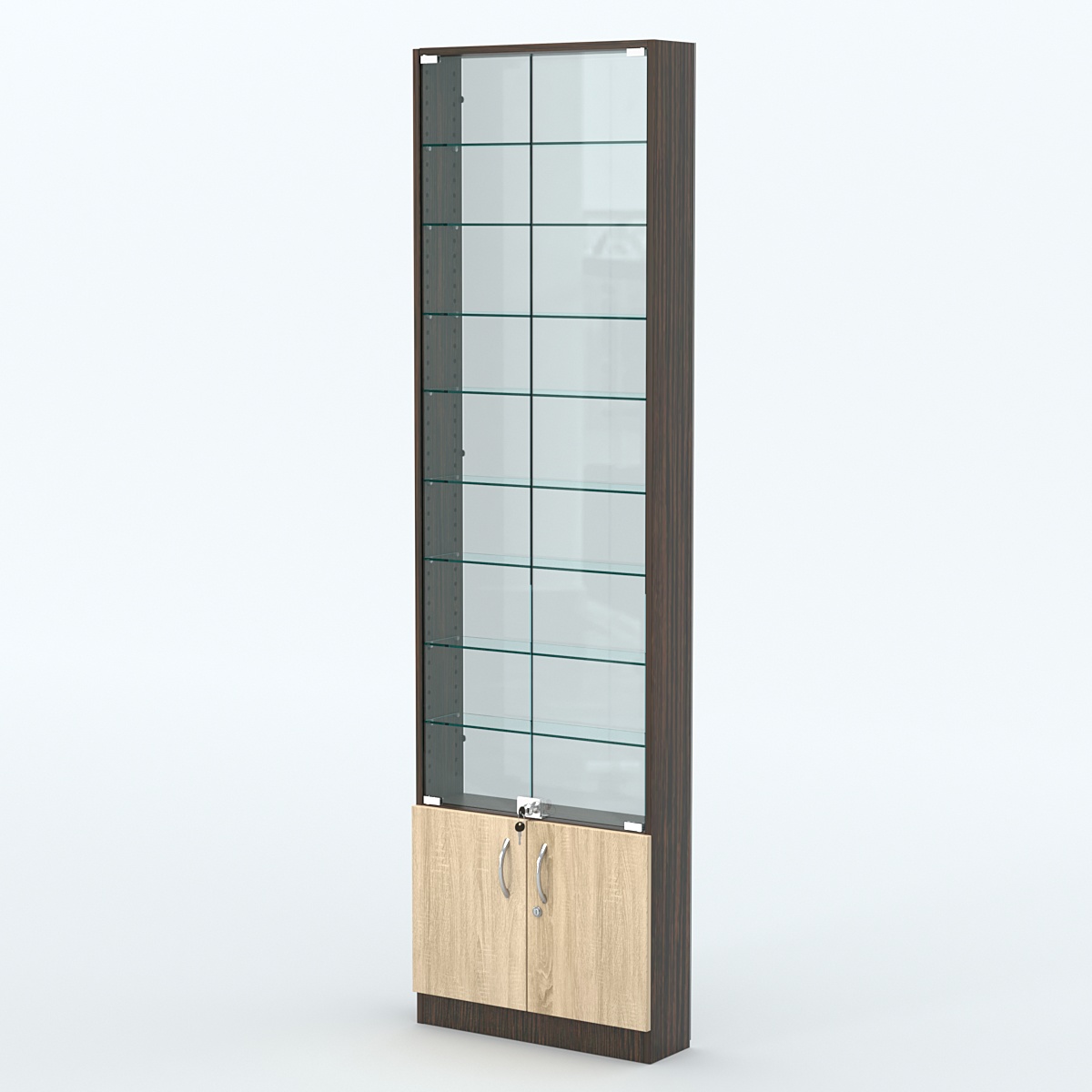 Торговая витрина с 8-ю стеклянными полками 150x600 мм серии NEXT-8 №2-1 (З/C - СТЕКЛО) Дуб Венге + Дуб Сонома