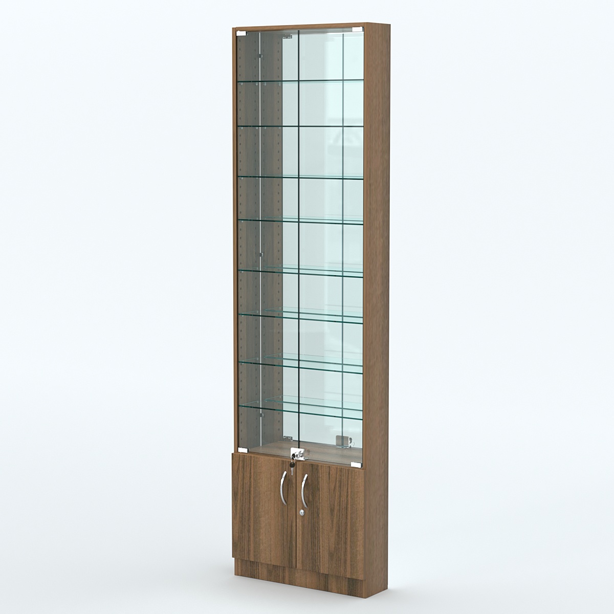 Торговая витрина с 8-ю стеклянными полками 150x600 мм серии NEXT-8 №2-2 (З/C - ЗЕРКАЛО) Орех