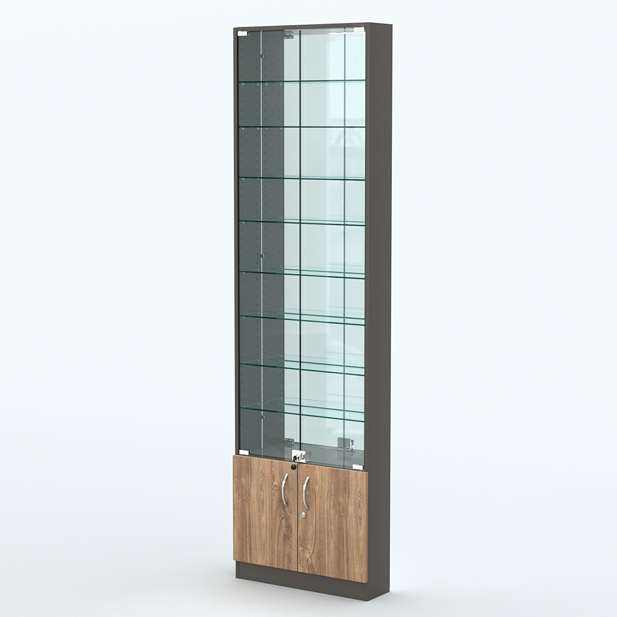 Торговая витрина с 8-ю стеклянными полками 150x600 мм серии NEXT-8 №2-2 (З/C - ЗЕРКАЛО) Черный + Дуб Канзас Коричневый