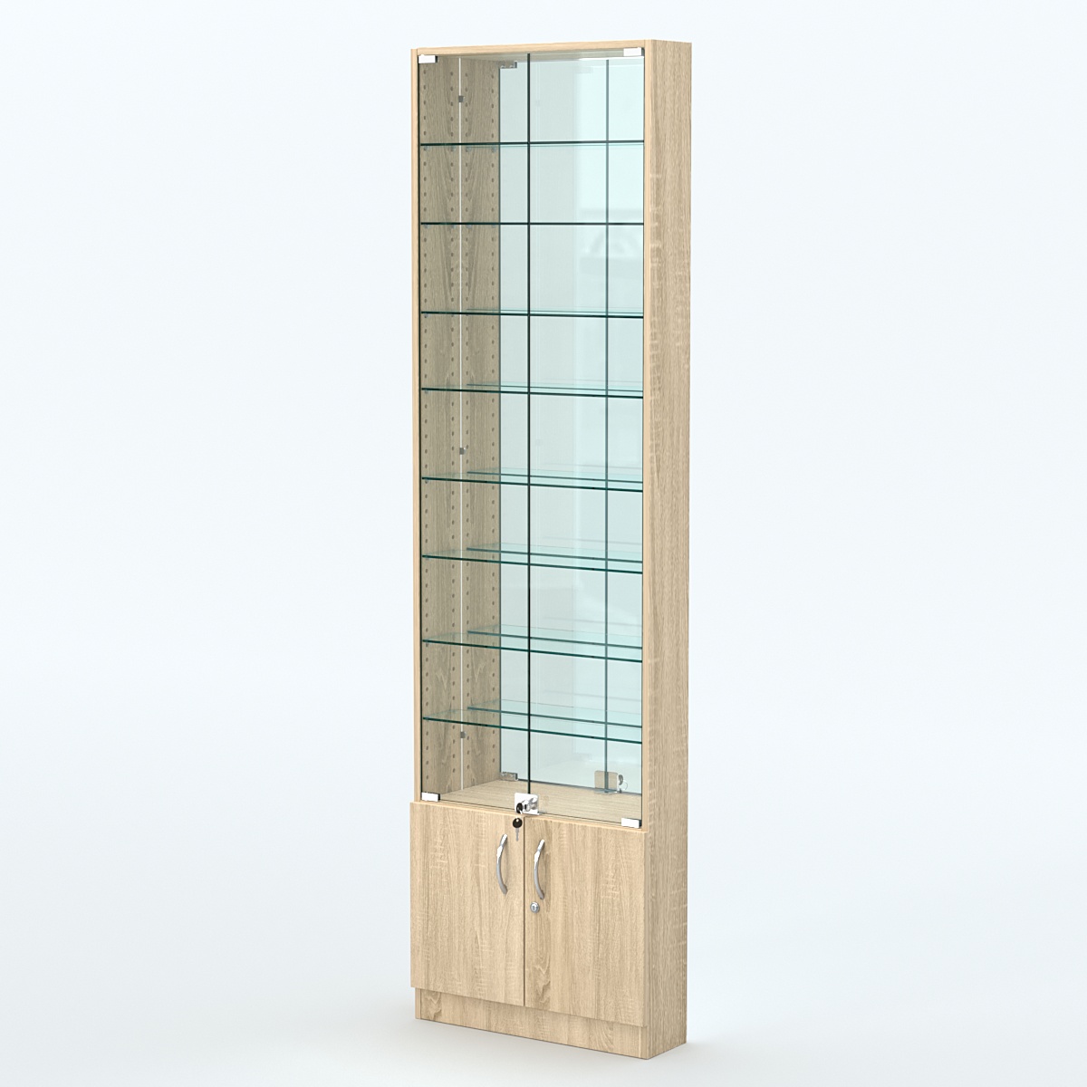 Торговая витрина с 8-ю стеклянными полками 150x600 мм серии NEXT-8 №2-2 (З/C - ЗЕРКАЛО) Дуб сонома