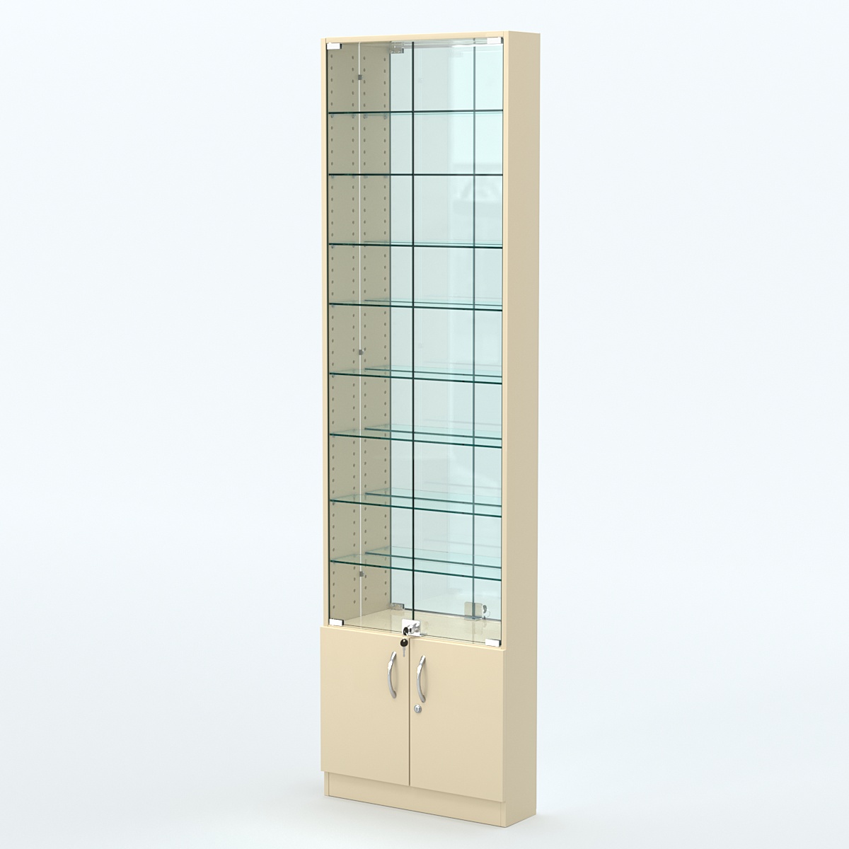 Торговая витрина с 8-ю стеклянными полками 150x600 мм серии NEXT-8 №2-2 (З/C - ЗЕРКАЛО) Крем Вайс