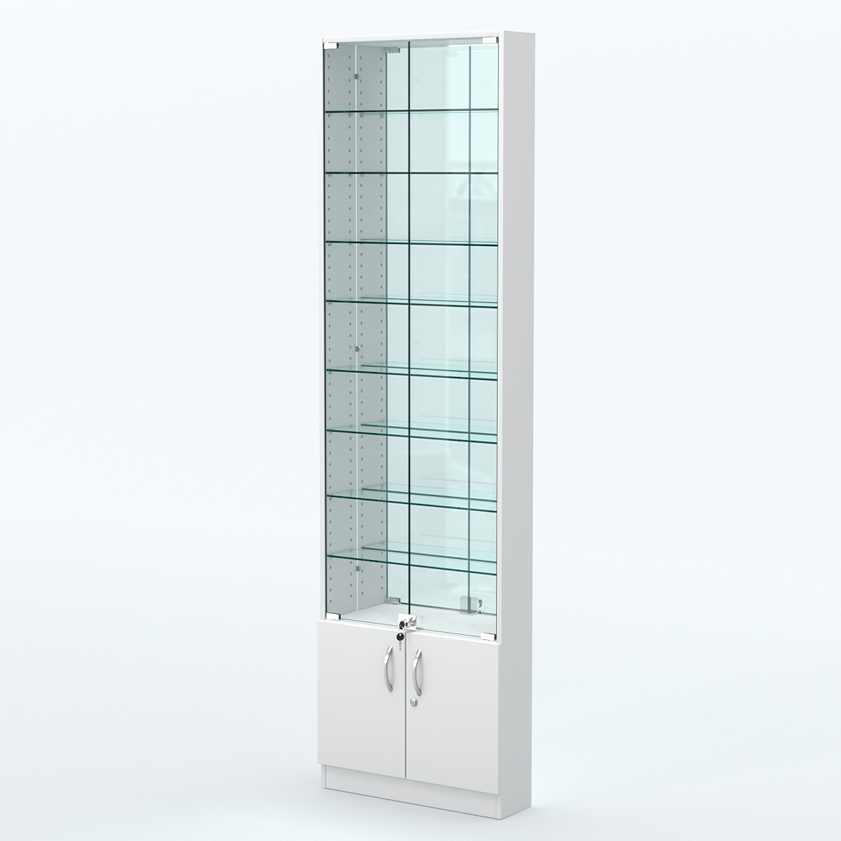 Торговая витрина с 8-ю стеклянными полками 150x600 мм серии NEXT-8 №2-2 (З/C - ЗЕРКАЛО) Белый