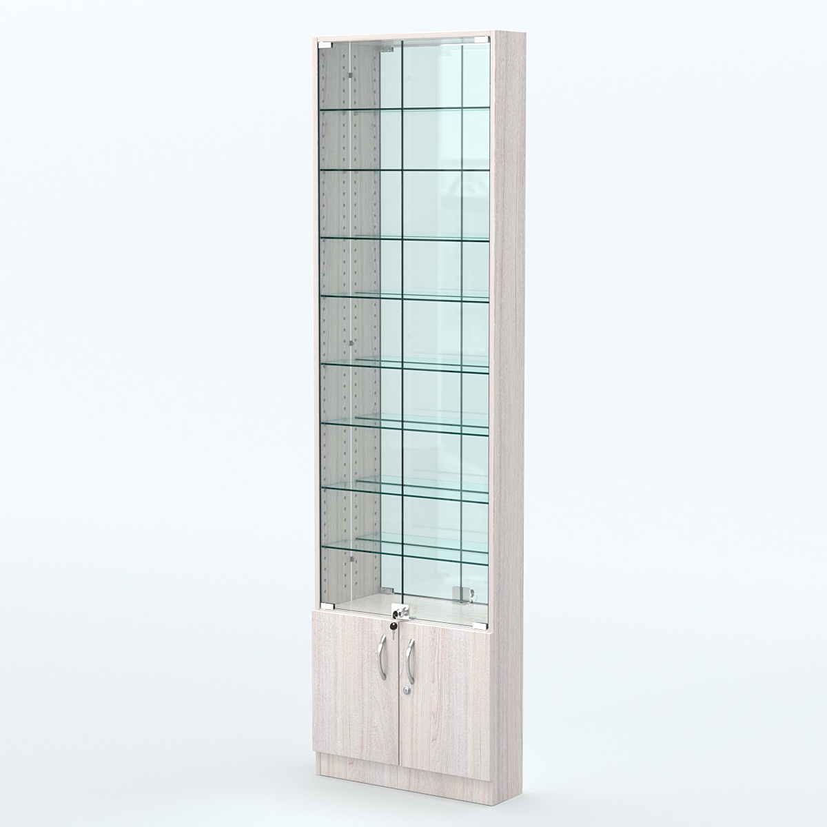 Торговая витрина с 8-ю стеклянными полками 150x600 мм серии NEXT-8 №2-2 (З/C - ЗЕРКАЛО) Ясень Анкор светлый