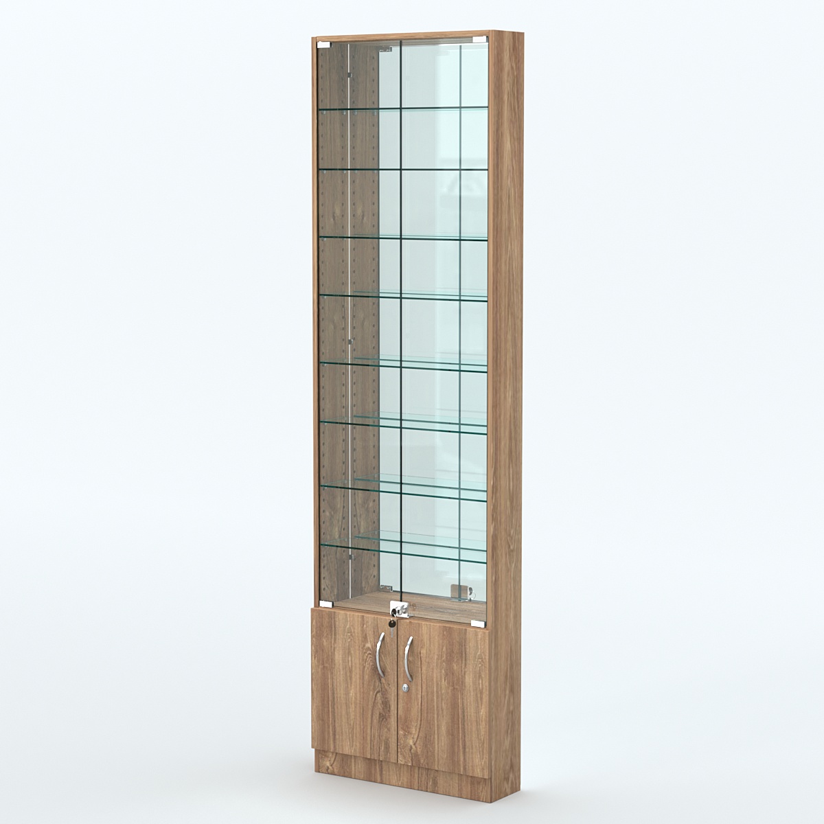 Торговая витрина с 8-ю стеклянными полками 150x600 мм серии NEXT-8 №2-2 (З/C - ЗЕРКАЛО) Дуб Канзас коричневый